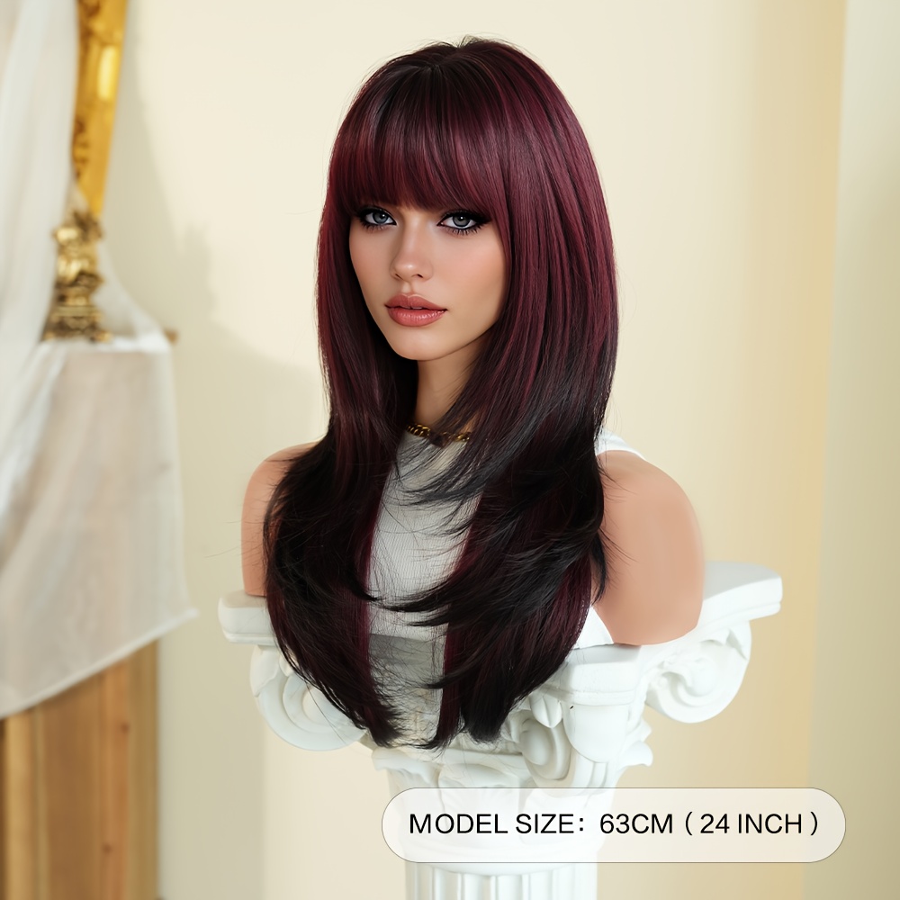 24 inch long straight layered wig in dark red ombre black  display picture 1