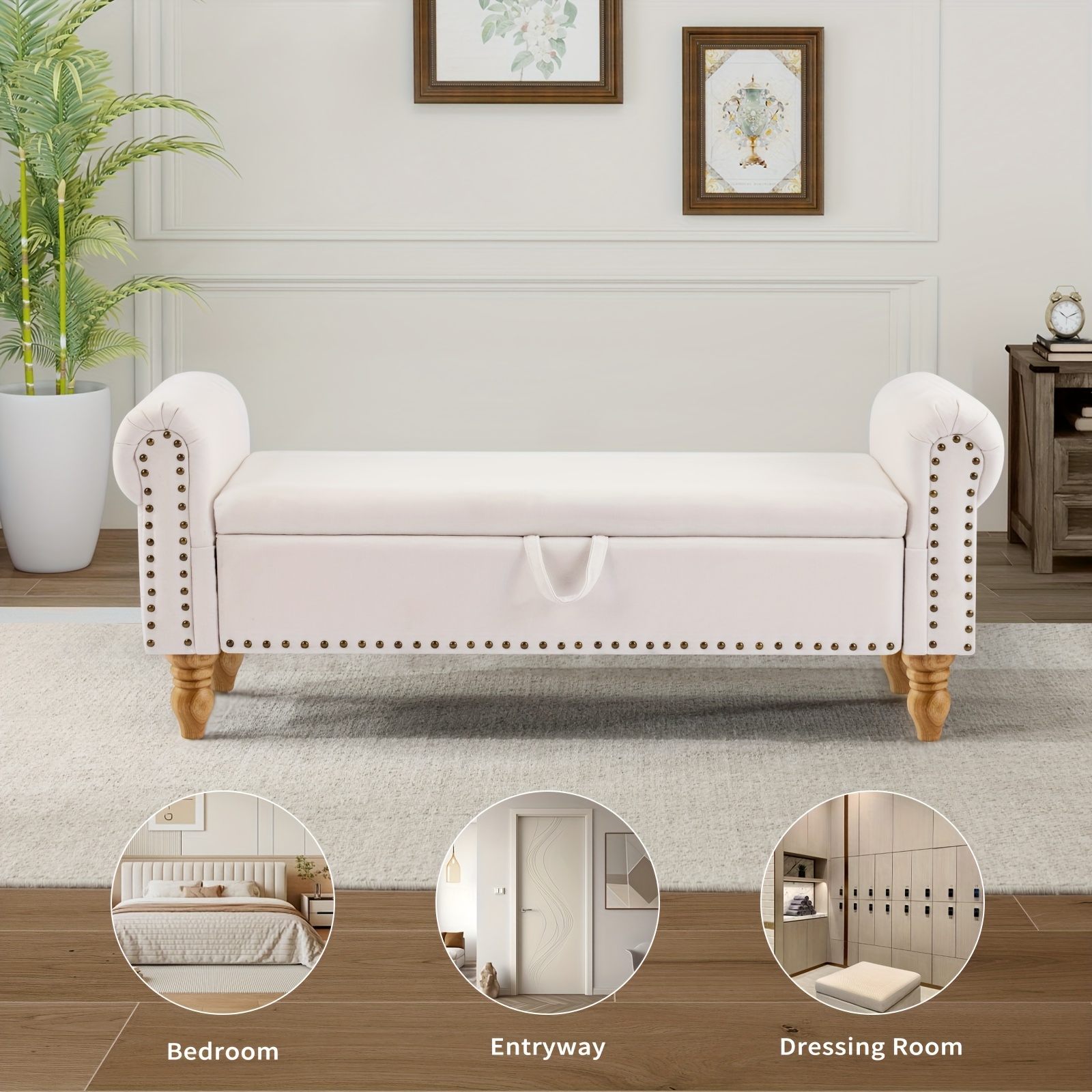 ATOMHAUS Upholstered Storage Bench for Bedroom End Of Bed Rolled Armed Corduroy Linen Fabric Ottoman Couch Long Bench Window Sitting Fireplace Toy Storage Bench Living Room Furniture