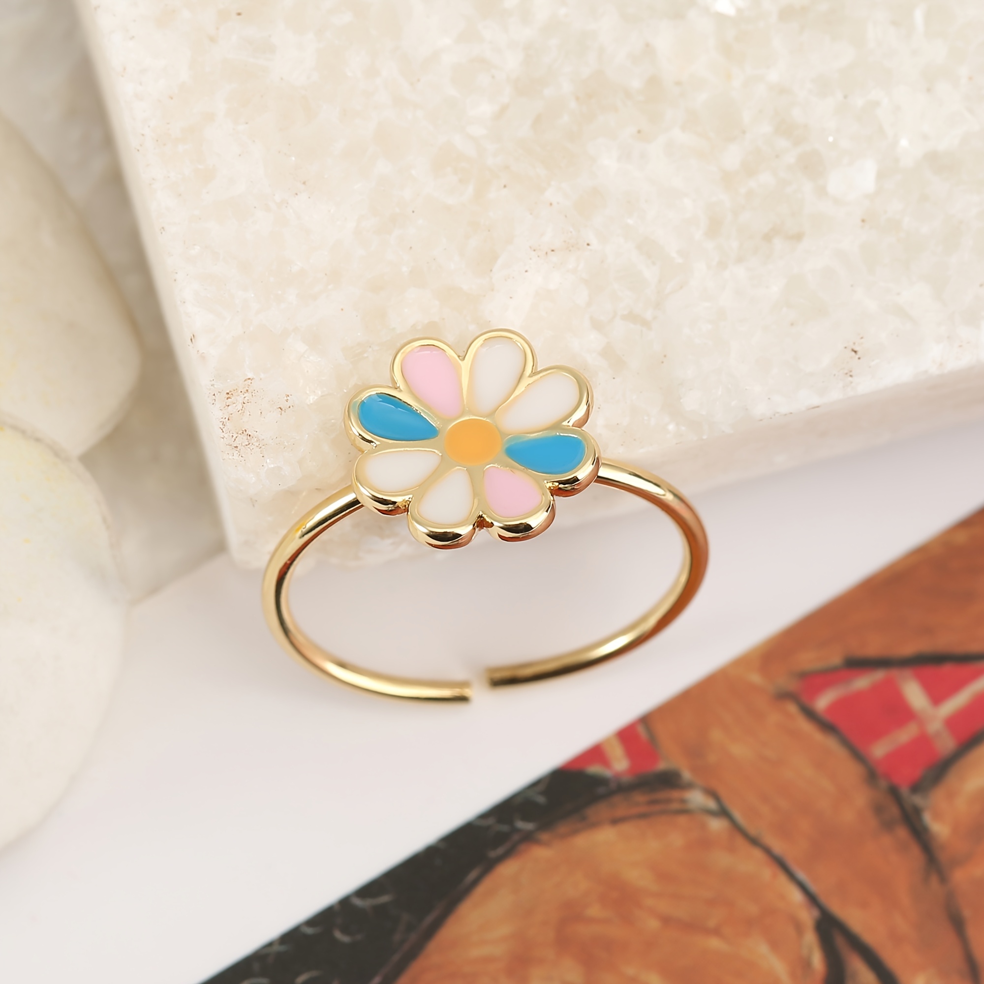 TEMU 1pc, Mode Européenne et Américaine - Cuivre - Bague Ouverte à Fleurs en Émail Coloré, Design Niche , Bague d'Index de Fille, Bague Réglable,