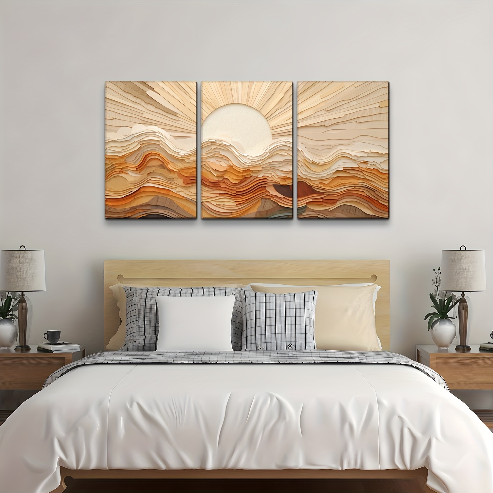 

Set Of 3 Boho Mountain Canvas Wall Art For Home Decor - Abstract Sun Mountain Forest Nature Scenery Picture Print On Canvas, Bohemian Paintings For Wall Hd Giclee Ready To Hang