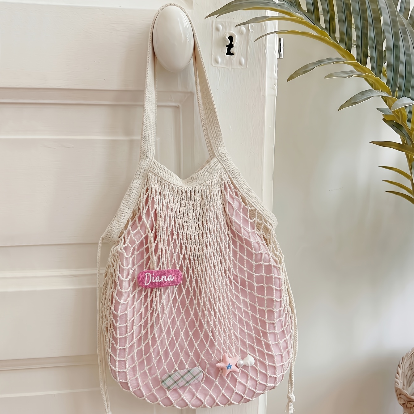 TEMU 1pc Personalized Name Mesh Organic Tote Bag With Long Handle, 3pcs Custom Cute Bb Clips, Removable Colorful Beach Clips, Summer Beach Style Bag,