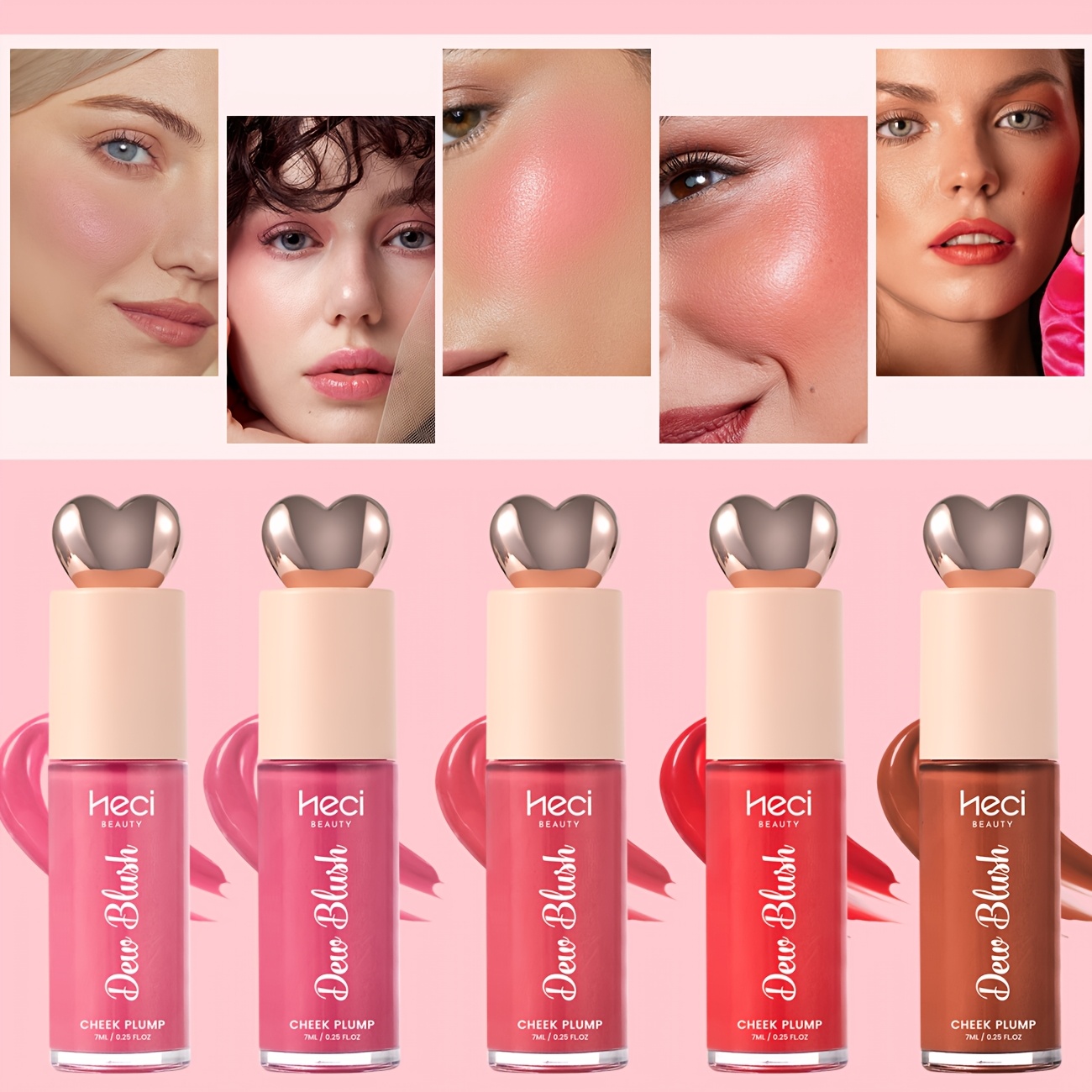 5-color Liquid Blush With Creamy Texture, Heart-shaped Dewy Water-colored Blush, Long-lasting Light Natural Matte Effect, Moisturizing Light Blending, Berry Pink Brown Tone, Perfect For Valentine'S Day Date, Holiday Gift For Girls And Wife