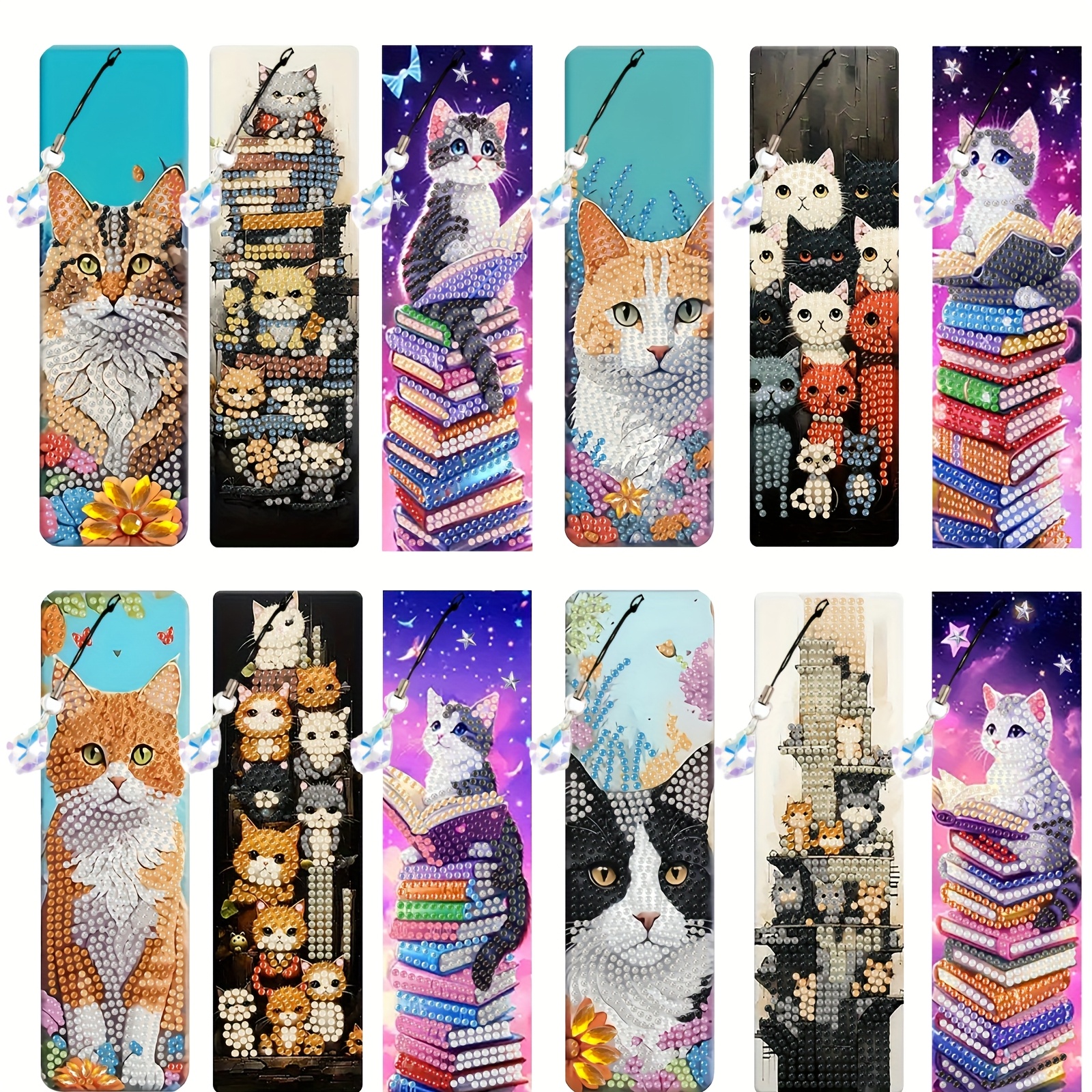 TEMU A Set Of 12 Assorted Styles Of Cat Diamond Painting Bookmarks, Featuring Sparkling Crystal Pendants, Perfect For Beginners In Crafting. An For