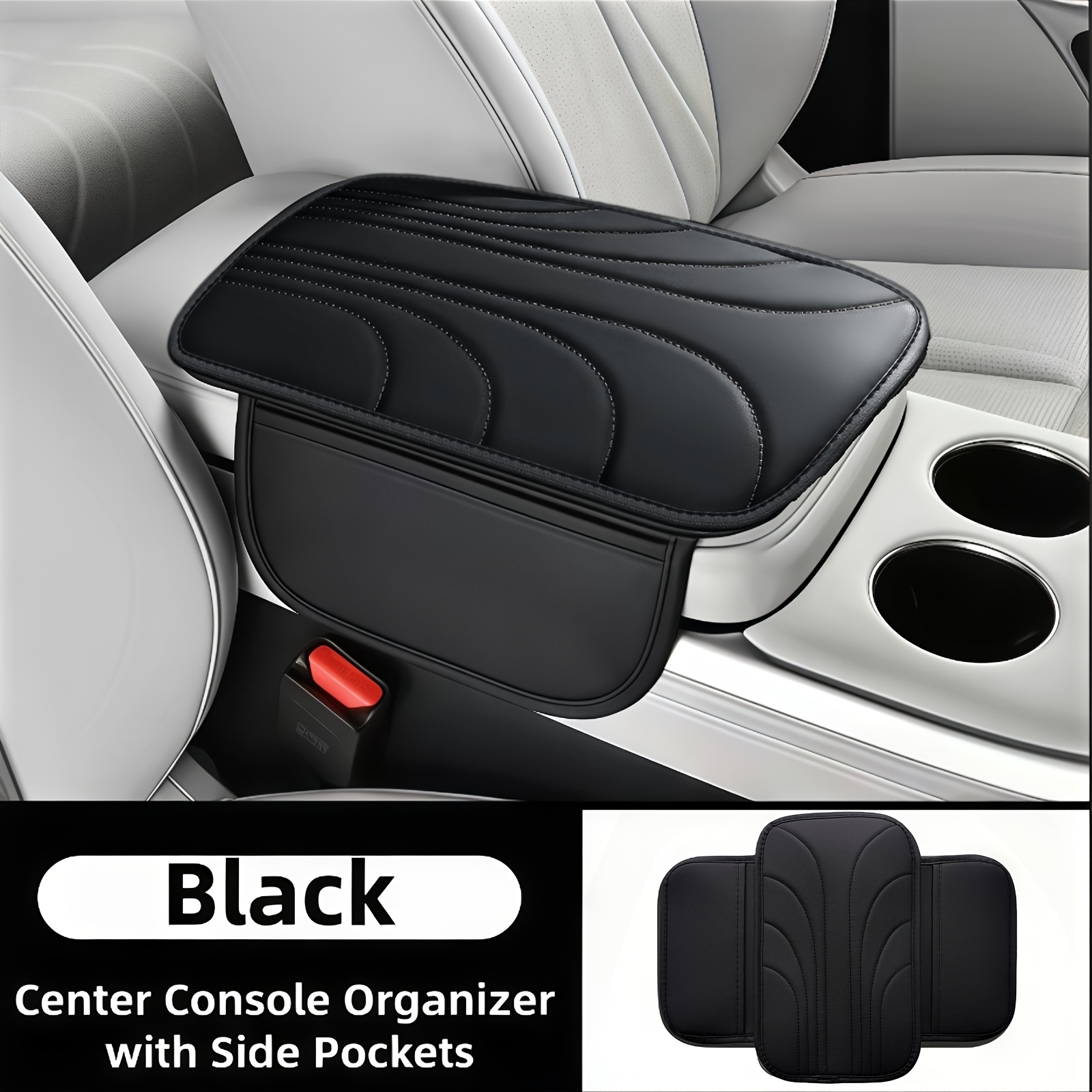 TEMU Upgraded Quality Double Pocket/no Armrest Box Pad, 12.6in * 7.48in, Center Console Pad, Pu Leather Embossed Embroidered Storage Pad, Can