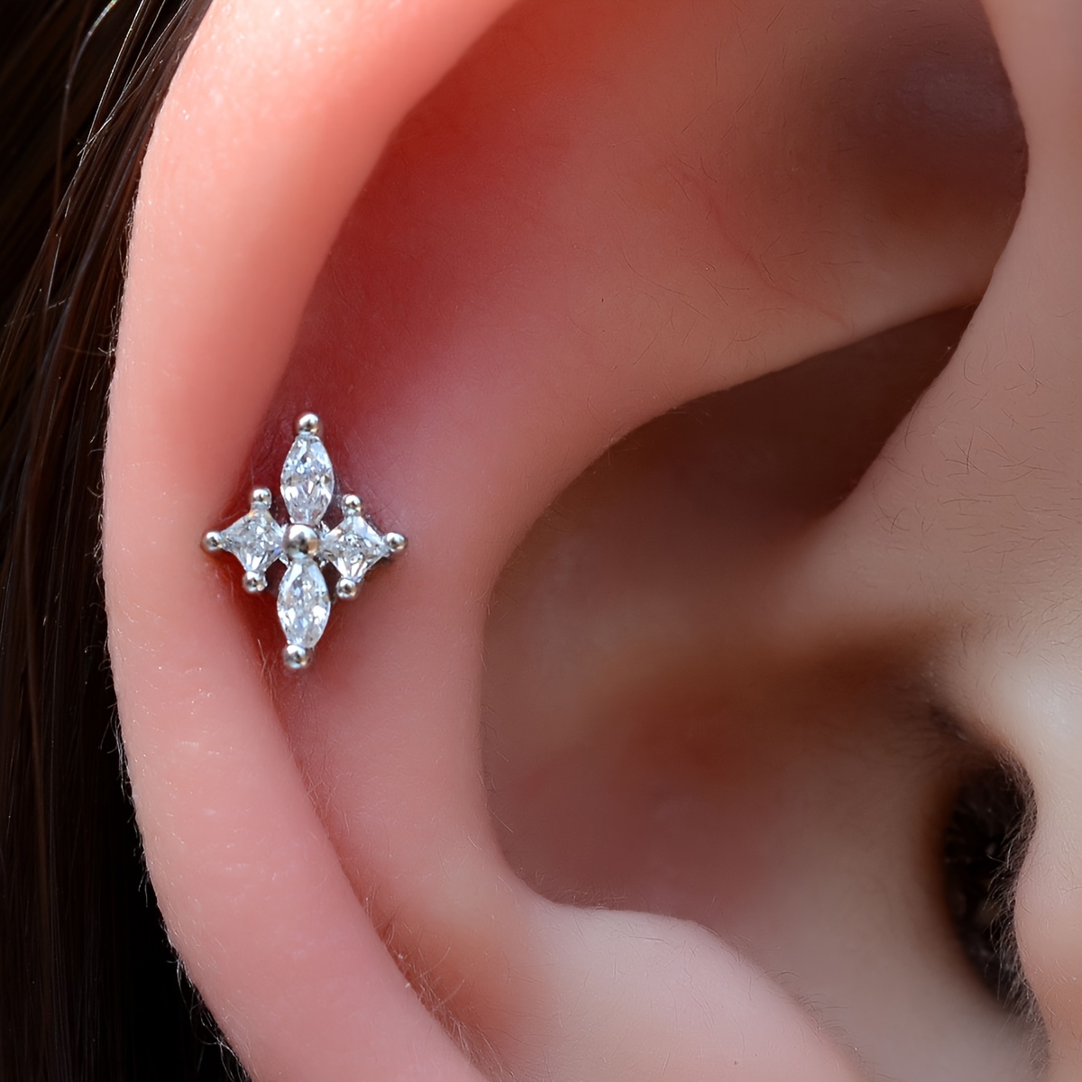 TEMU 2d Flat, 1pc Simple Cubic 5a Zirconia Geometry Cross Flower Tiny Stud Earrings For Women 20g Flat Back Helix Cartilage Earrings Real 18k Gold