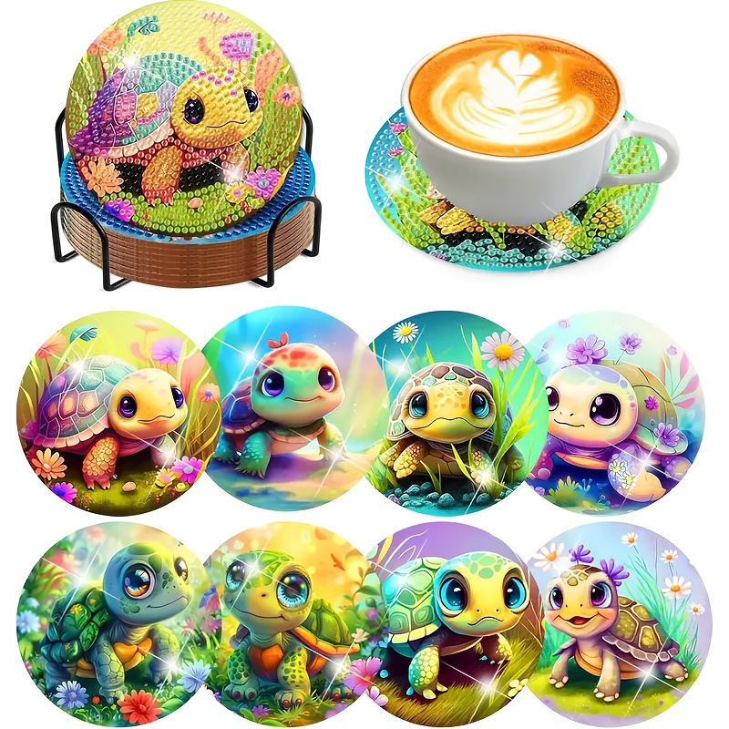 8pcs Adult Coaster Set With Stand, Diy Cute Turtle Diamond Painting Craft Kit For