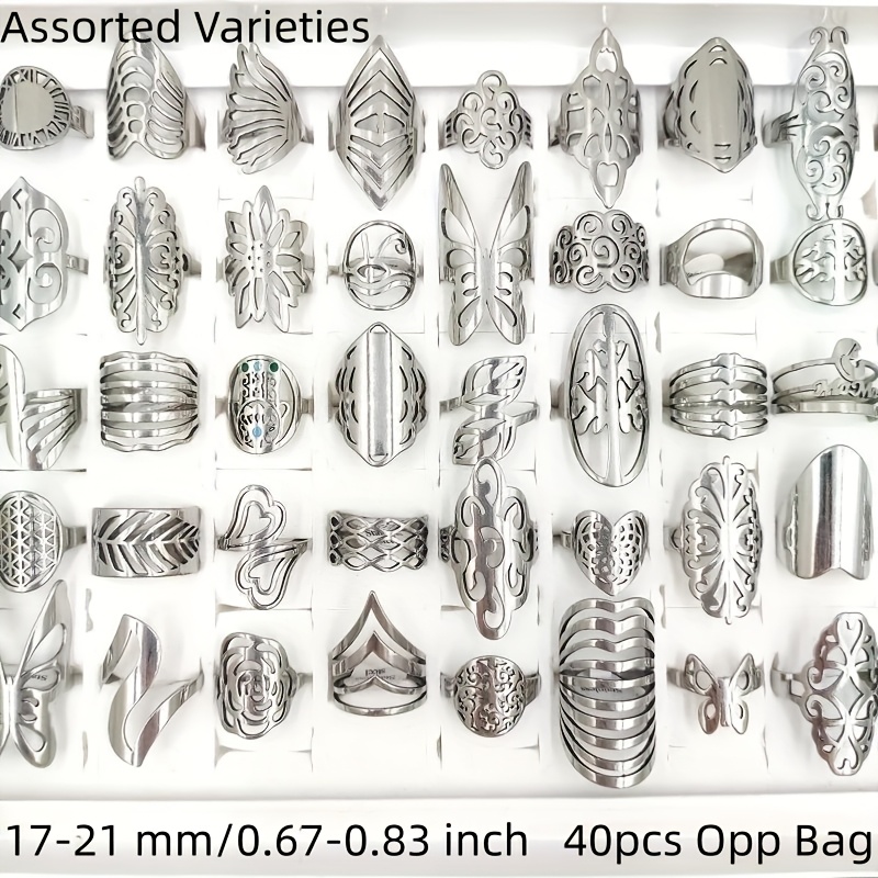 TEMU Wholesale 40pcs/pack Women's Fashion Stacked Ring Silvery And Golden Color Stainless Steel Material Men And Women's Hollow Ring Size 17mm-21mm