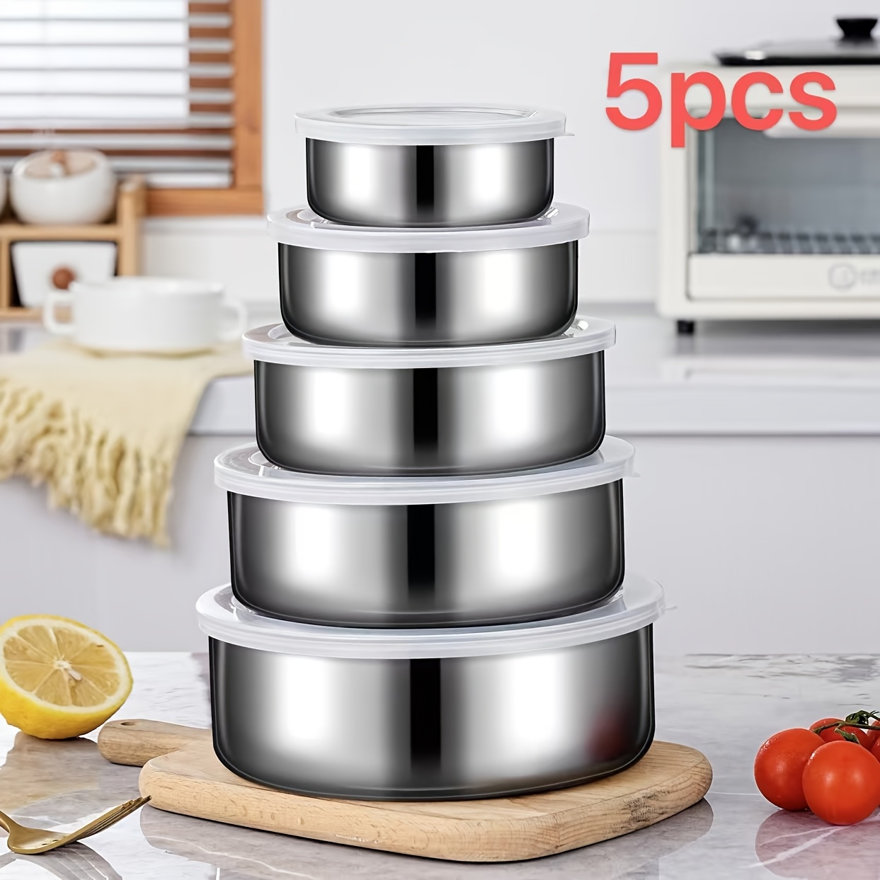 

5pcs Stainless Steel Food Storage Container Set With Clear - Ideal For Fruits, Vegetables & More | Kitchen Organization Must-have, No Electricity Needed, Food-safe