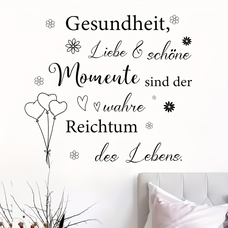 Image of German-style Life Aphoristic-themed Wall Stickers, With Text, Heart-shaped Balloons, And Simple Flower Sketches Art Decorative Stickers, Used To Decorate Home Walls, Cafes, , And Classrooms