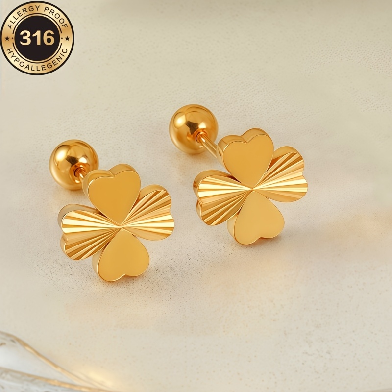 Image of A Pair Of Hypoallergenic Steel Earrings With Plating Featuring A Clover Design - Women's Earrings With Laser-cut Floral Patterns, Lightweight And Durable, Suitable For Everyday Wear, Parties, Weddings