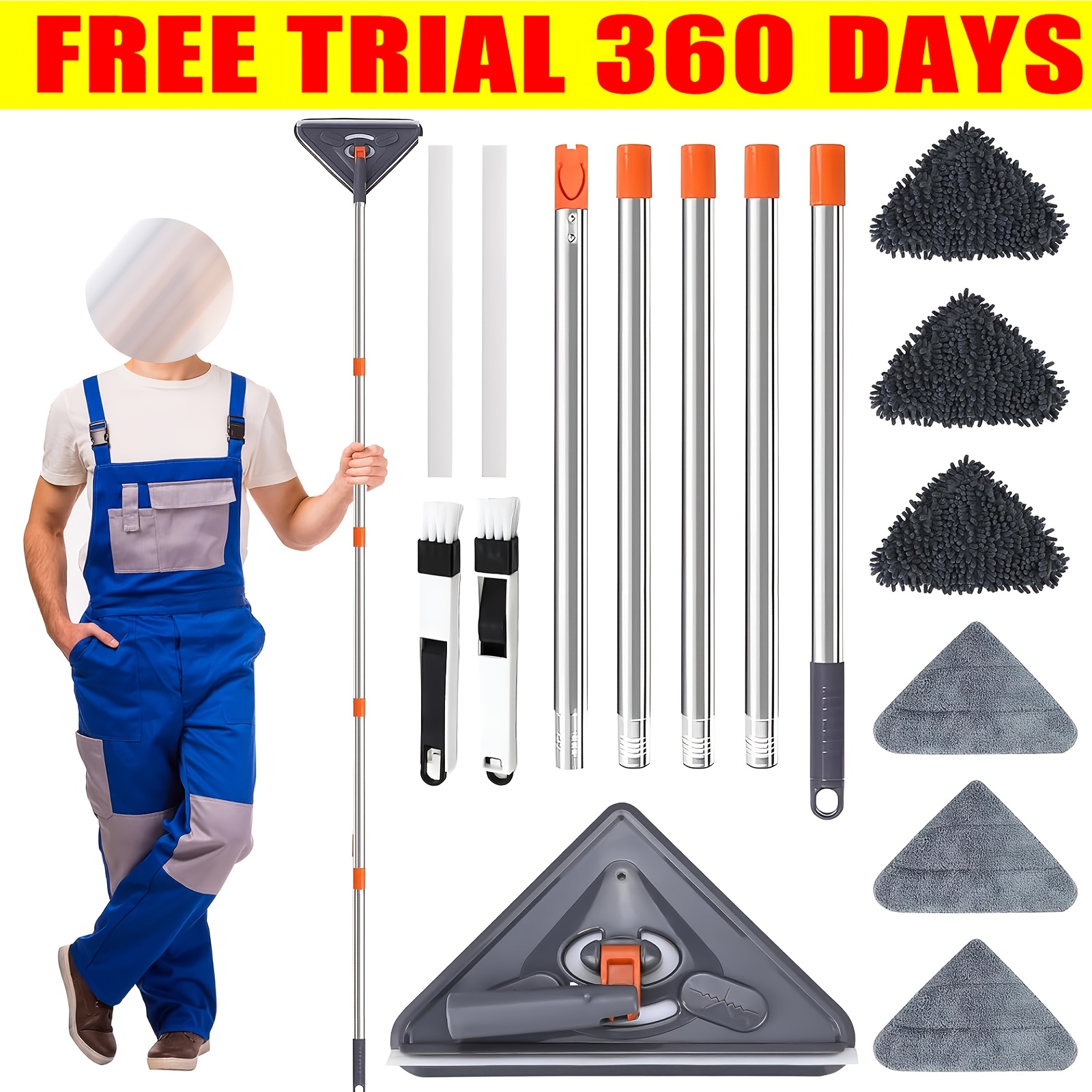 TEMU Triangle Cleaning Mop | Shower Bath Screen Cleaning Tile Kit Floor Cleaner Scrub Telescopic Mop Microfibre Bathroom Tile Glass Cleaning With 3
