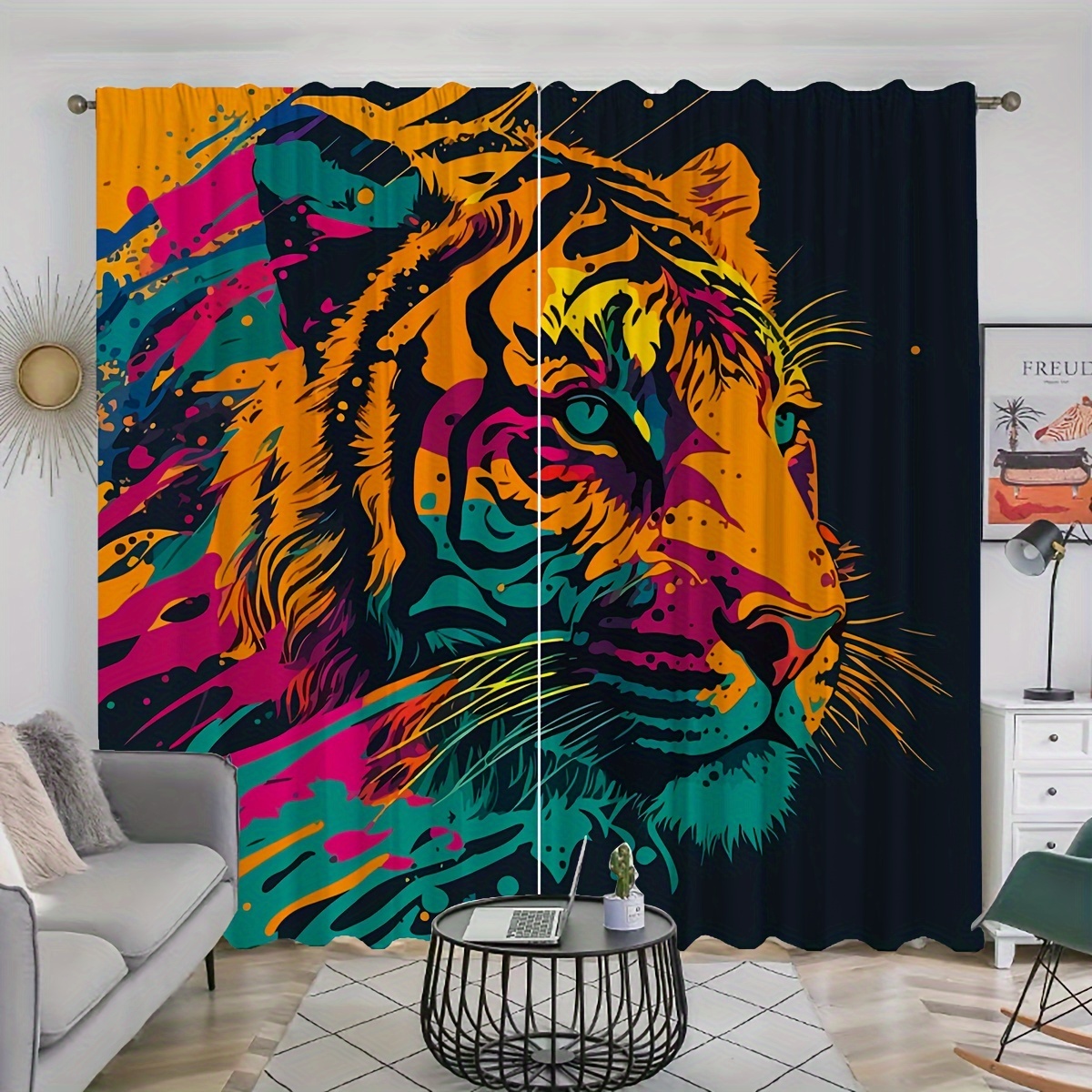

2pcs, Painted Tiger Printed Curtains, Rod Pocket Curtain, Suitable For Restaurants, Public Places, Living Rooms, Bedrooms, Offices, Study Rooms, Home Decoration