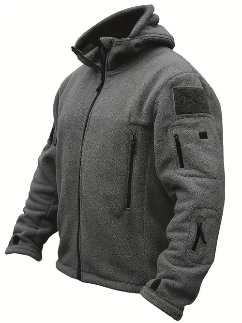 mens hooded fleece jacket soft fluffy liner multiple zipper pockets for windproof warm beige with black patches outdoor travel casual wear