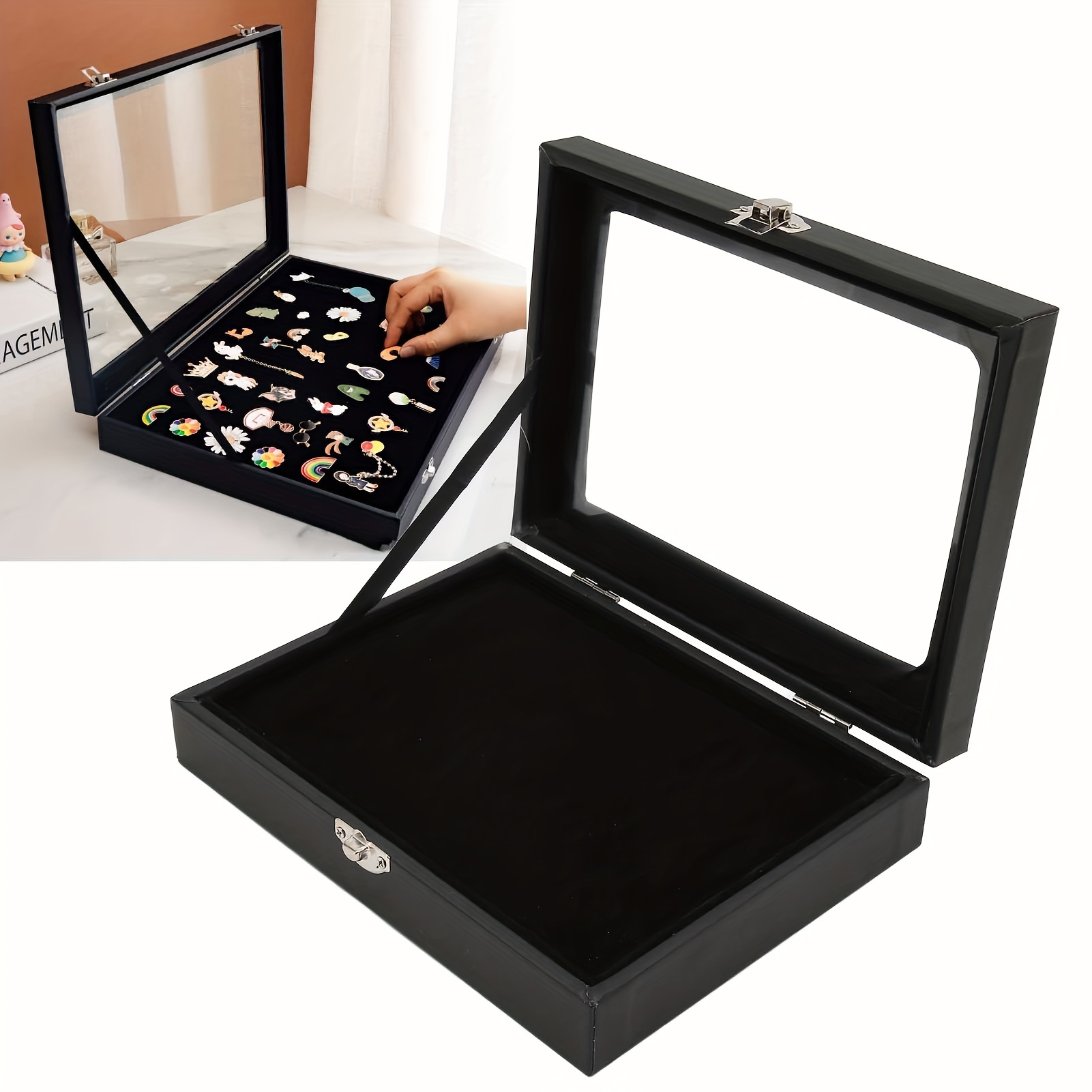 

1pc Black Wooden Display Shadow Box, Rectangular Glass Top Dustproof Case With Hooks, Perfect For Military Medals, Jewelry, Pin Badge Collections, Rings, Necklaces, Bracelets