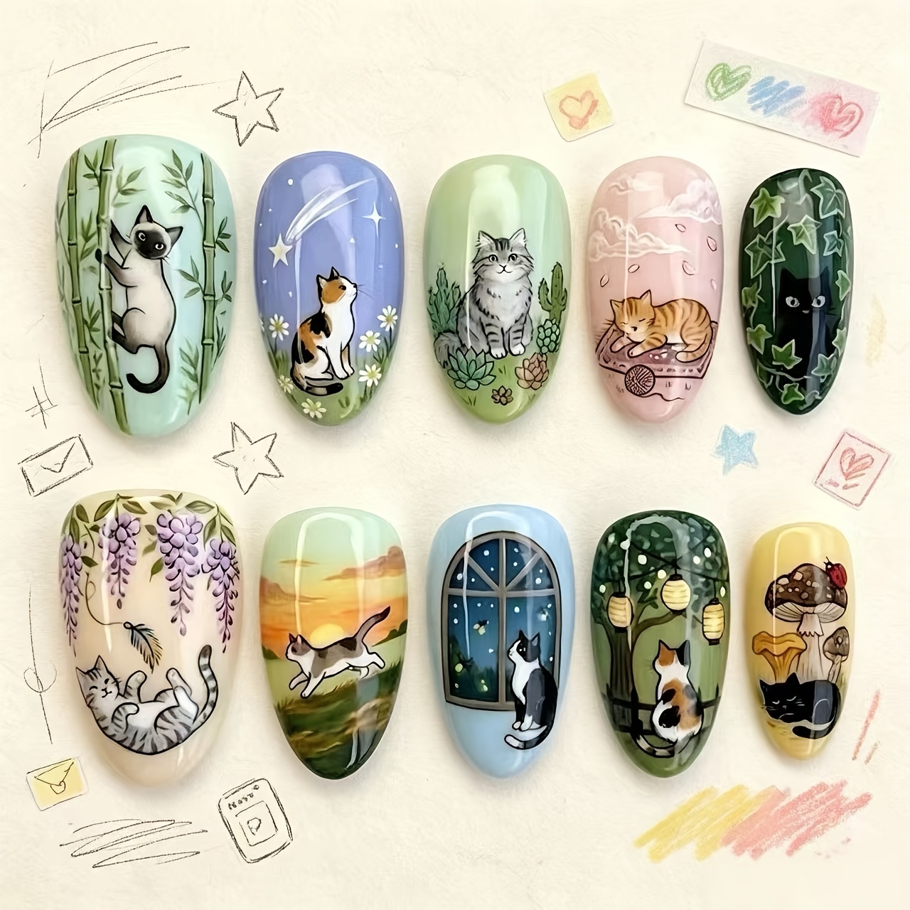 TEMU 10pcs Set Pastoral Style Kitten Wearable Nail Art , Sunset, Window, Wisteria Kitten Hand-painted Patterns Soft Matte Texture Gentle Temperament