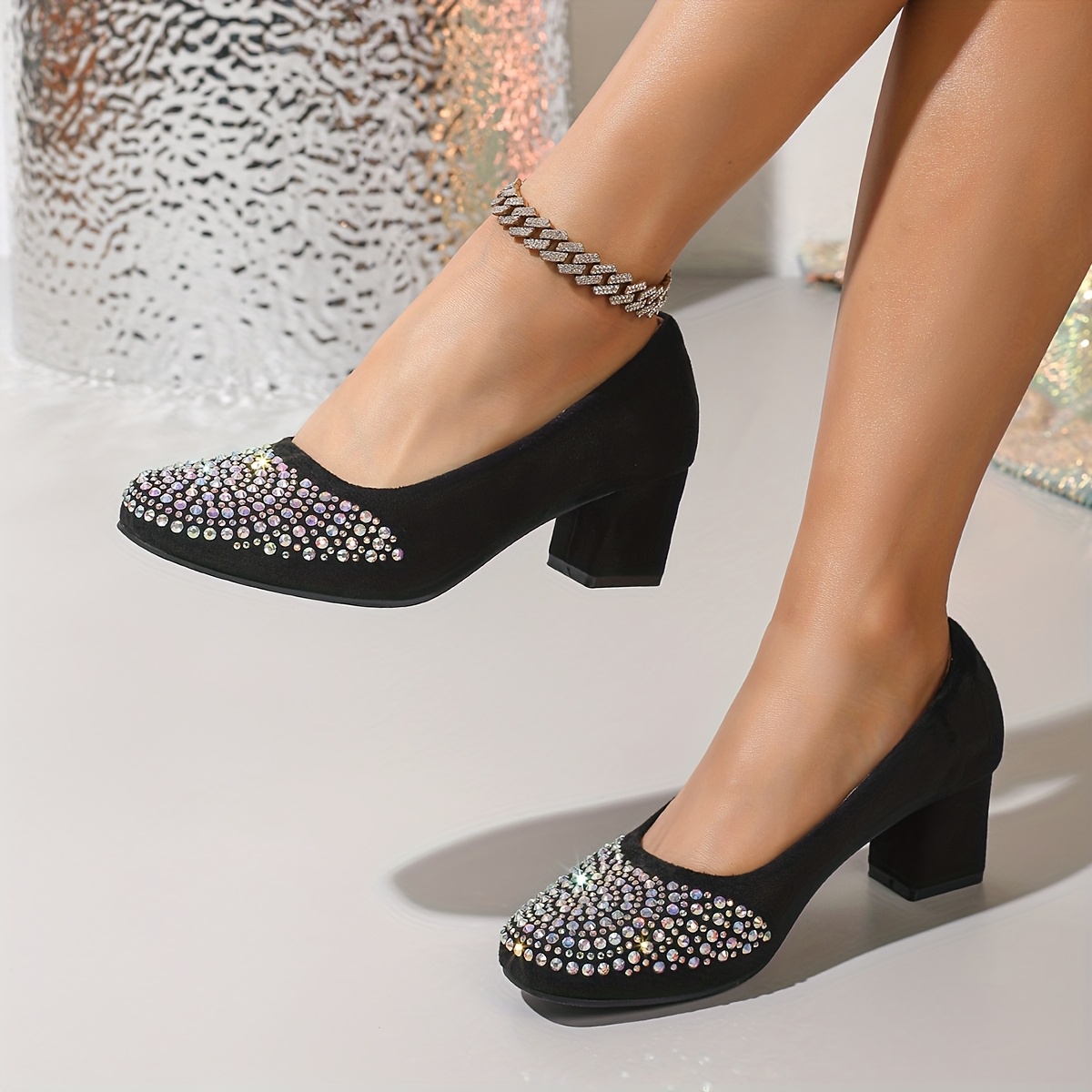TEMU chaussures de mode pour femmes à bout carré et talon épais, ornées de strass à paillettes, parfaites pour les banquets, et les événements