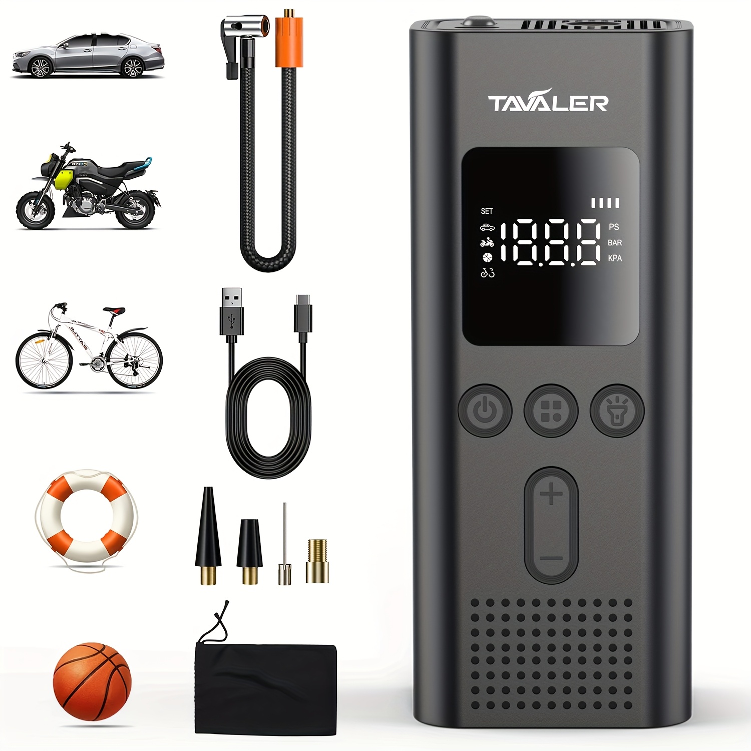 E-shop Tavaler Luftkompressor I50PSI Elektrischer Kompressor Tragbare Fahrradpumpe Mini-Reifenpumpe mit Digitalem LED-Display, Wiederaufladbarem