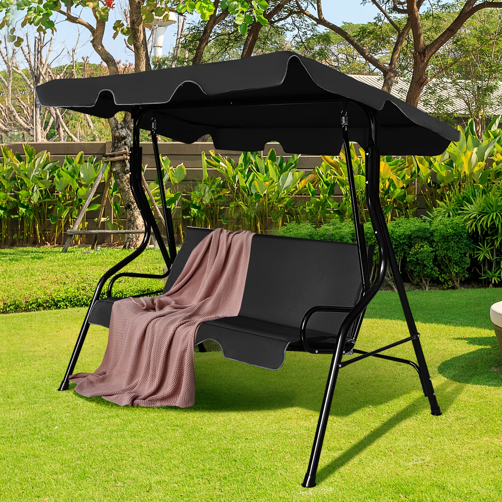 Image of 3-person Outdoor Patio Swing Chair, Patios Swing Glider With Adjustable Canopy And Removable Cushion, Porch Swing W/shade, Garden And Backyard. Gray/black