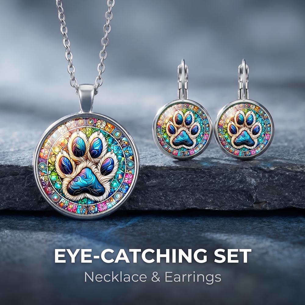 TEMU 3pcs Painted Paw Print Necklace And Earrings Set, Suitable For Daily Wear, A Delicate Little Gift