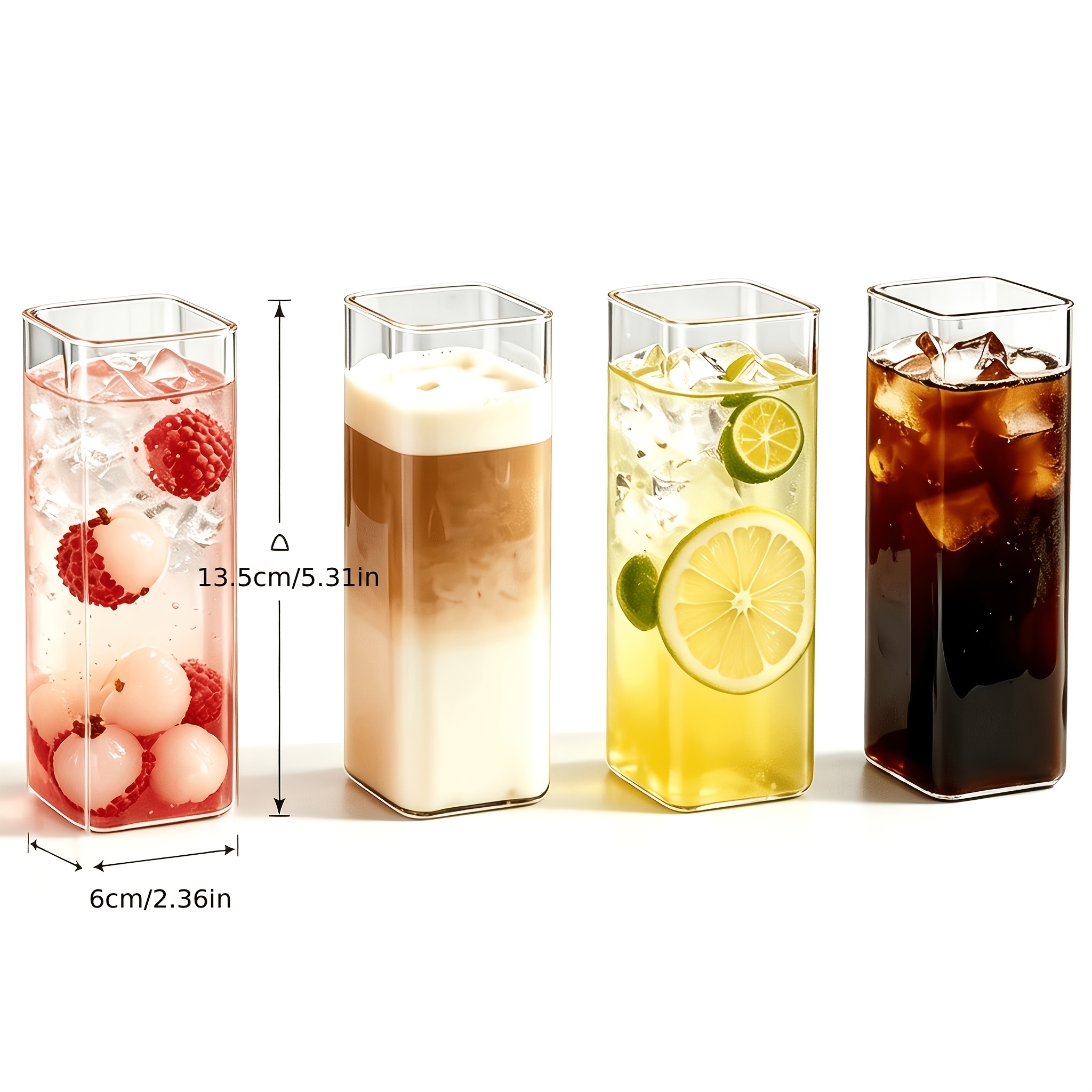 TEMU 4pcs High Borosilicate Square Glass Cup Set (350ml/11.83oz) Suitable For Cold And Hot Water, Milk, Juice, Cold Drinks, Flower Tea, Coffee,