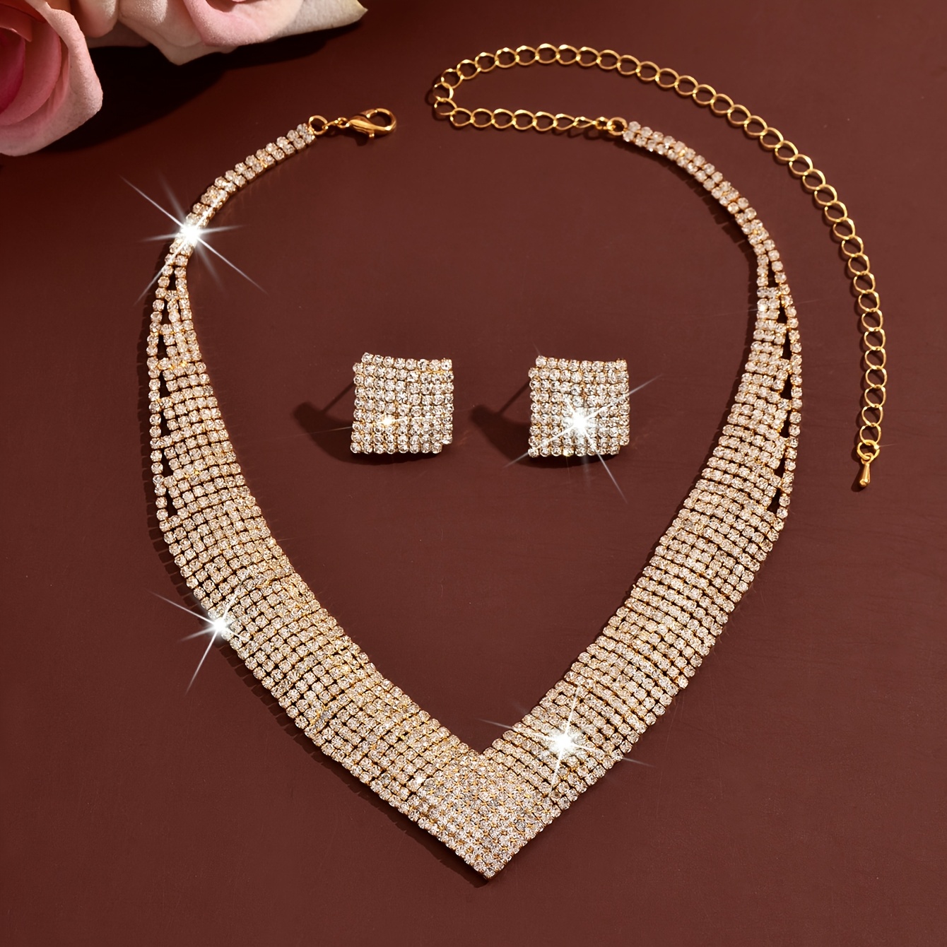 Women's French Elegant Rhinestone Necklace & Earrings Set