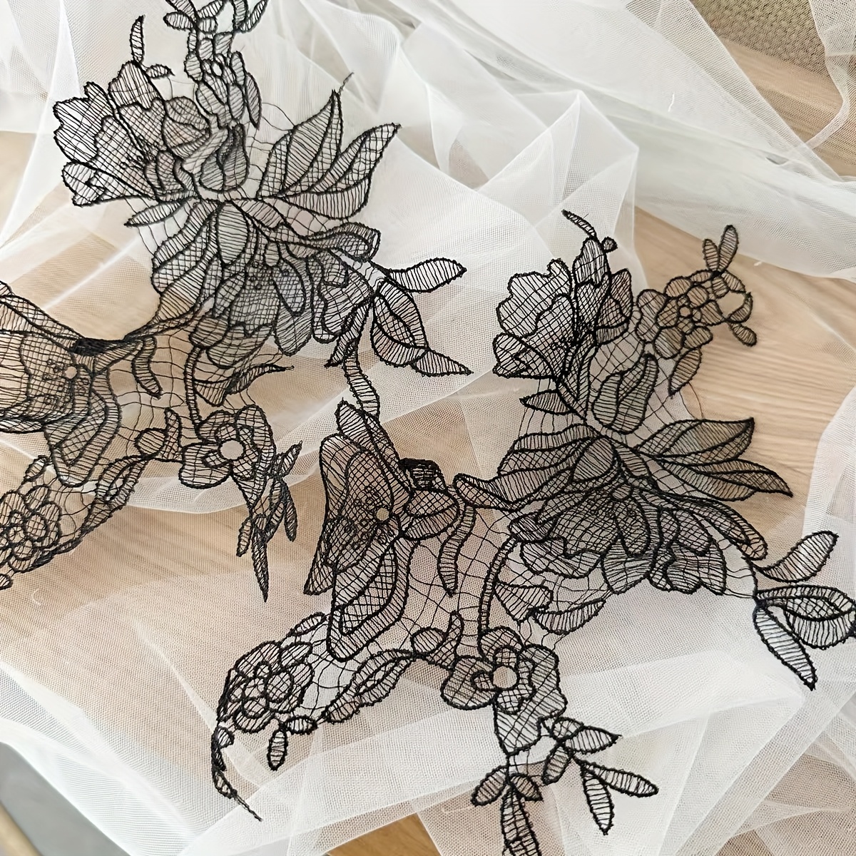 TEMU 2pcs Elegant Black & Beige Floral Lace Embroidery - Perfect For Wedding Dresses, Veils & Dress Decorations, Sewn Mount Style, Wedding Dress