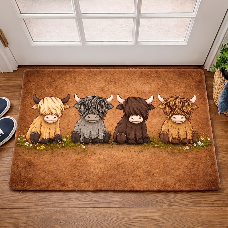TEMU 1pc Kafulam Highland Cow Rug Suitable For Indoor/outdoor Use, Adorable Scottish Cow Floor Mat With Pvc Backing, Machine Washable Dirt-trapping