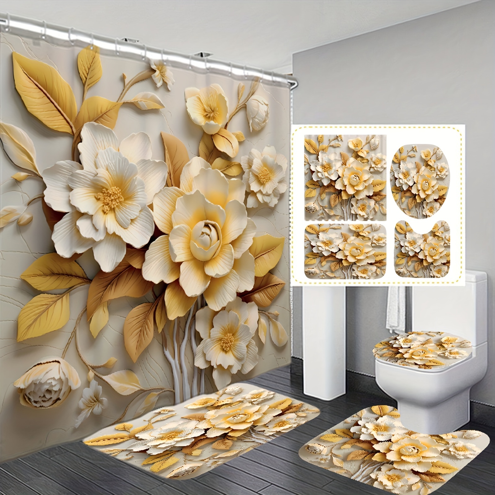 

1/3/4pcs 3d Floral Pattern Shower Curtain Set, Waterproof Bathroom Partition Curtain With Hooks, Non-slip Bath Rug, Toilet U-shape Mat, Toilet Lid Cover Mat, Bathroom Accessories