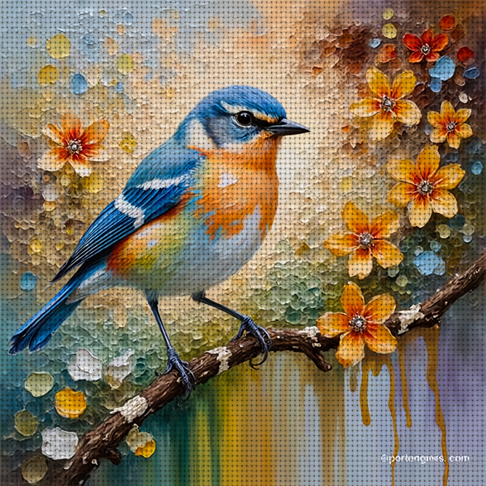 Cross Stitch Kit, Colorful Bird on Branch with Flowers Design