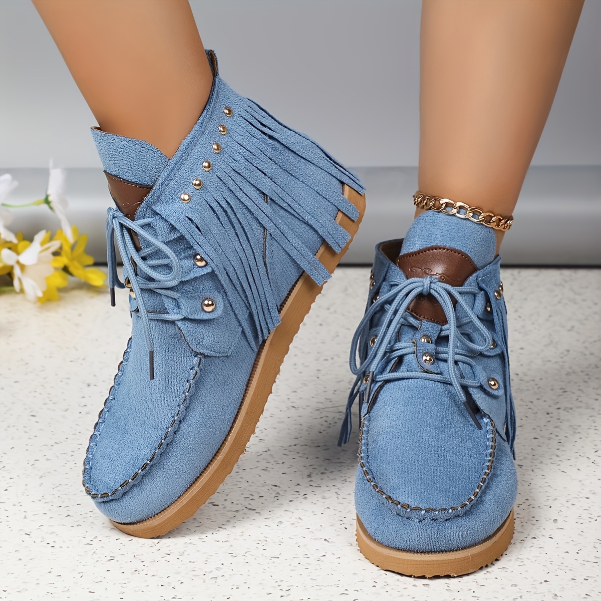 Women's Casual Round Toe Ankle Boots with Fringe Studs Thick Rubber  Sole Winter Boots, Black/Brown/Blue, Fabric Microfiber Lining, Flat
