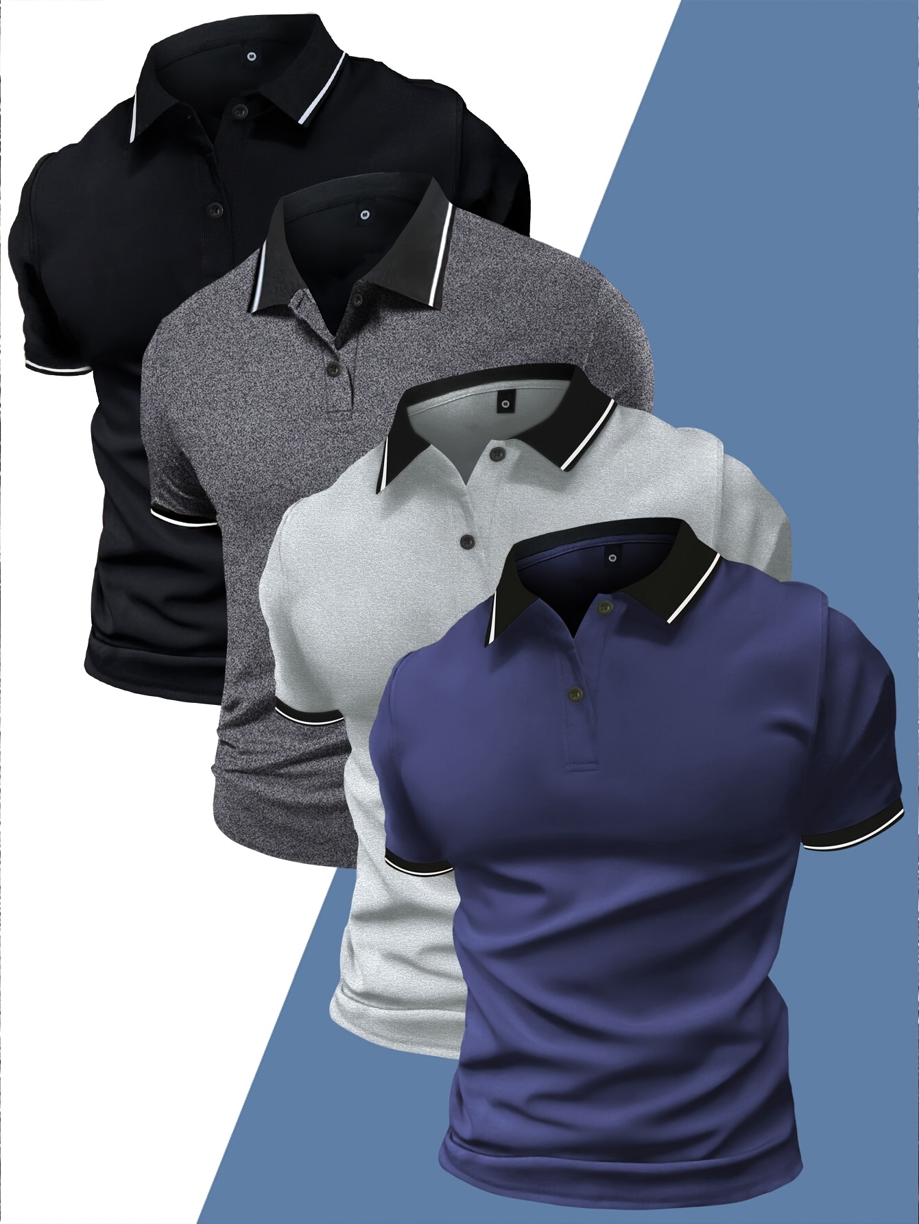 4pcs Men's Summer Shirts - Casual Short Sleeve, Solid Color with Contrast Trim, Lightweight Polyester Blend, Ideal for Sports & Leisure, Shirts for Summer