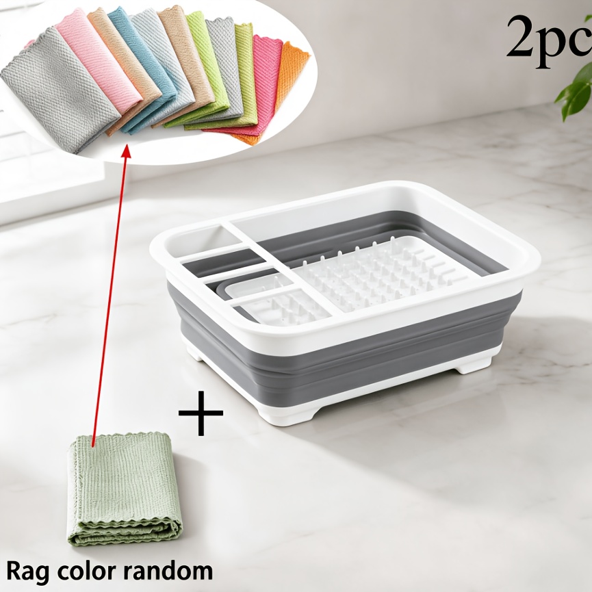 TEMU 1pc Foldable Dish Rack And 1pc Cleaning Cloth (random Color), Space-saving Folding Storage, Lightweight And Durable Plastic Material, Universal