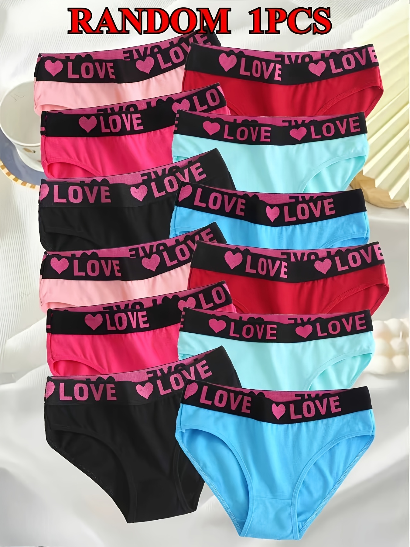 Random 1pc Out of 5 Styles for Valentine'S Day - Breathable Mid-Rise Design, Adorned with Heart-Shaped Letter Print, Made of Soft Stretch Fabric, Comfortable for Daily Wear