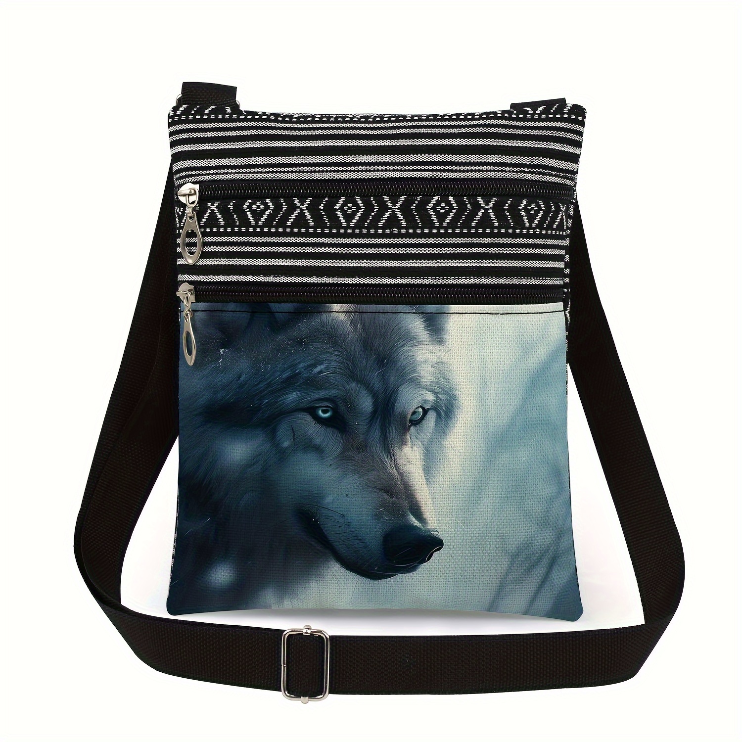 

Men's Wolf Print Messenger Bag With Black & - Polyester, Animal Theme