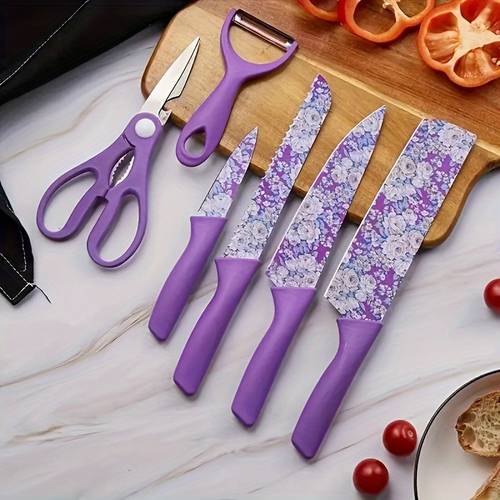 6piece jasmine flower pattern kitchen knife set colorful printing high carbon stainless steel blades ergonomic handles sharp meat serrated bread knife precise scissors peeler perfect for women and essentials
