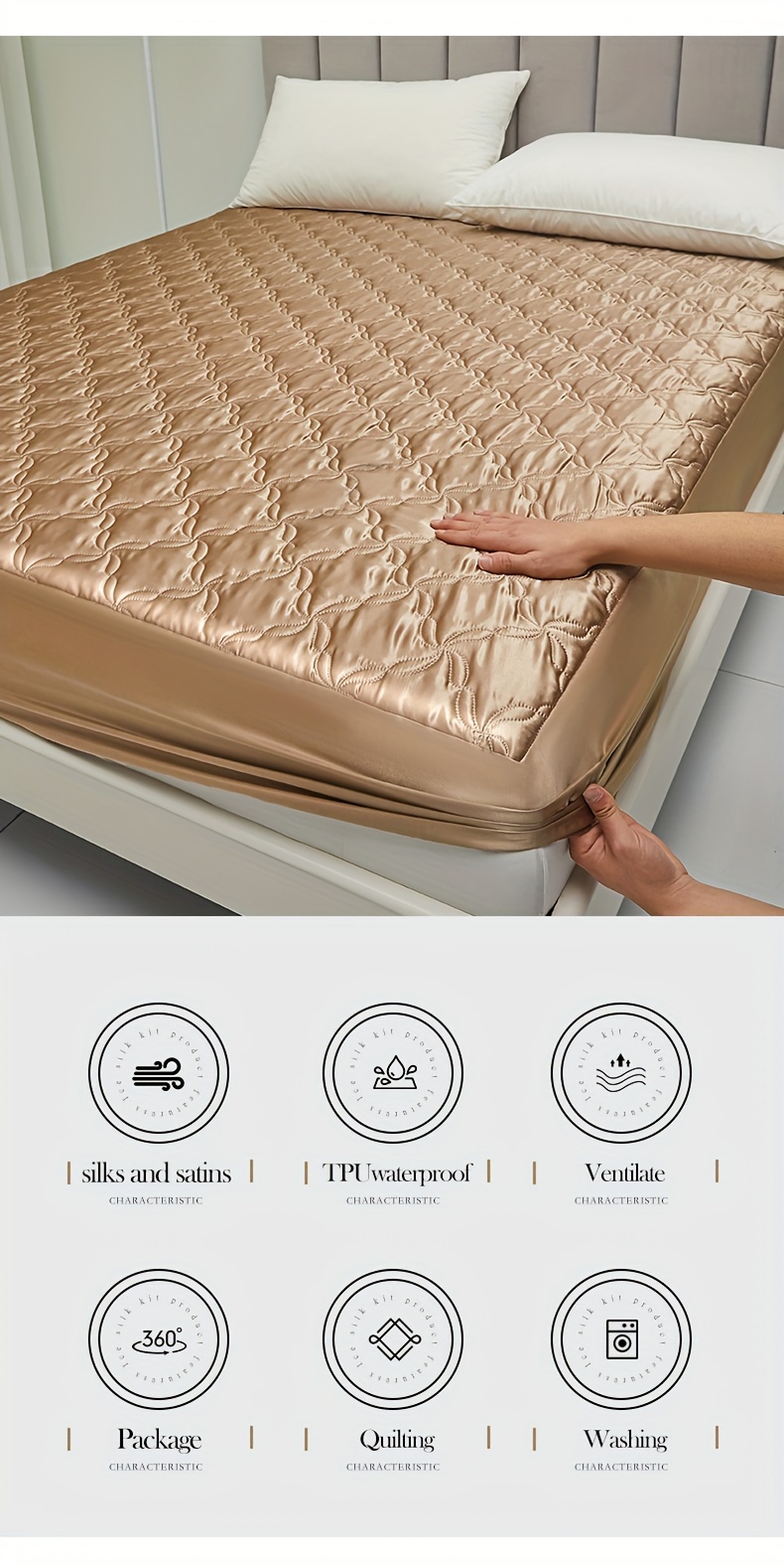 1pc   summer waterproof fitted sheet thickened tpu   comfortable machine washable   polyester   ultrasonic embossed 90g fabric weight suitable for bedroom   hotel mattress protector cover details 3