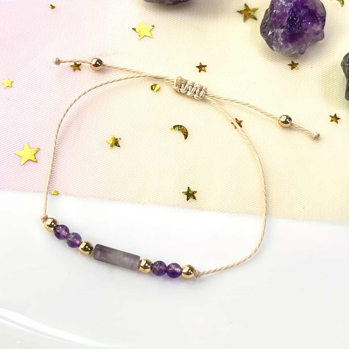 Natural Amethyst Jewelry Set - Handwoven Bracelet