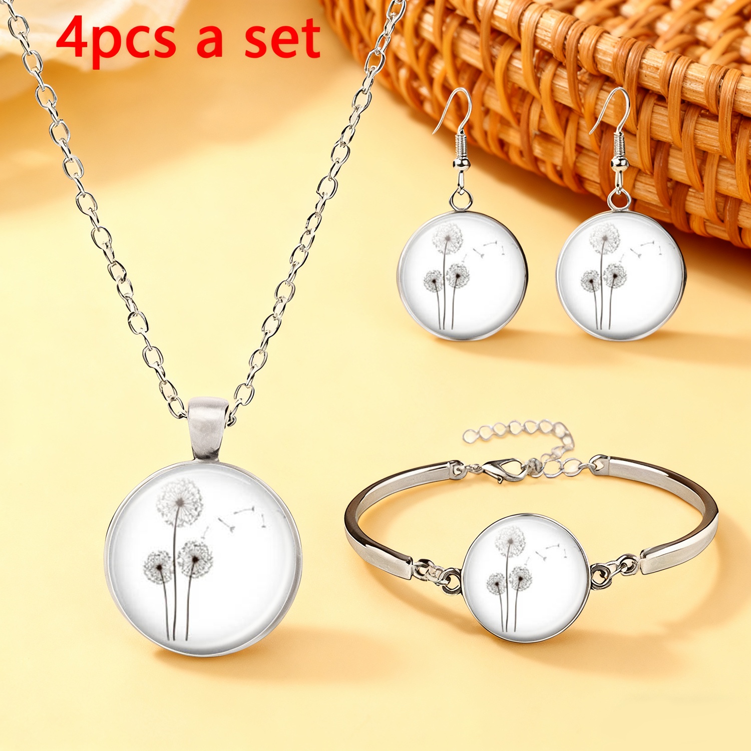 TEMU 4pcs White Jewelry Set (1 Necklace, 1 Bracelet, 1 Pair Of Earrings), With 3 Dandelion On A White Circular Background, And White Contrast, Set To