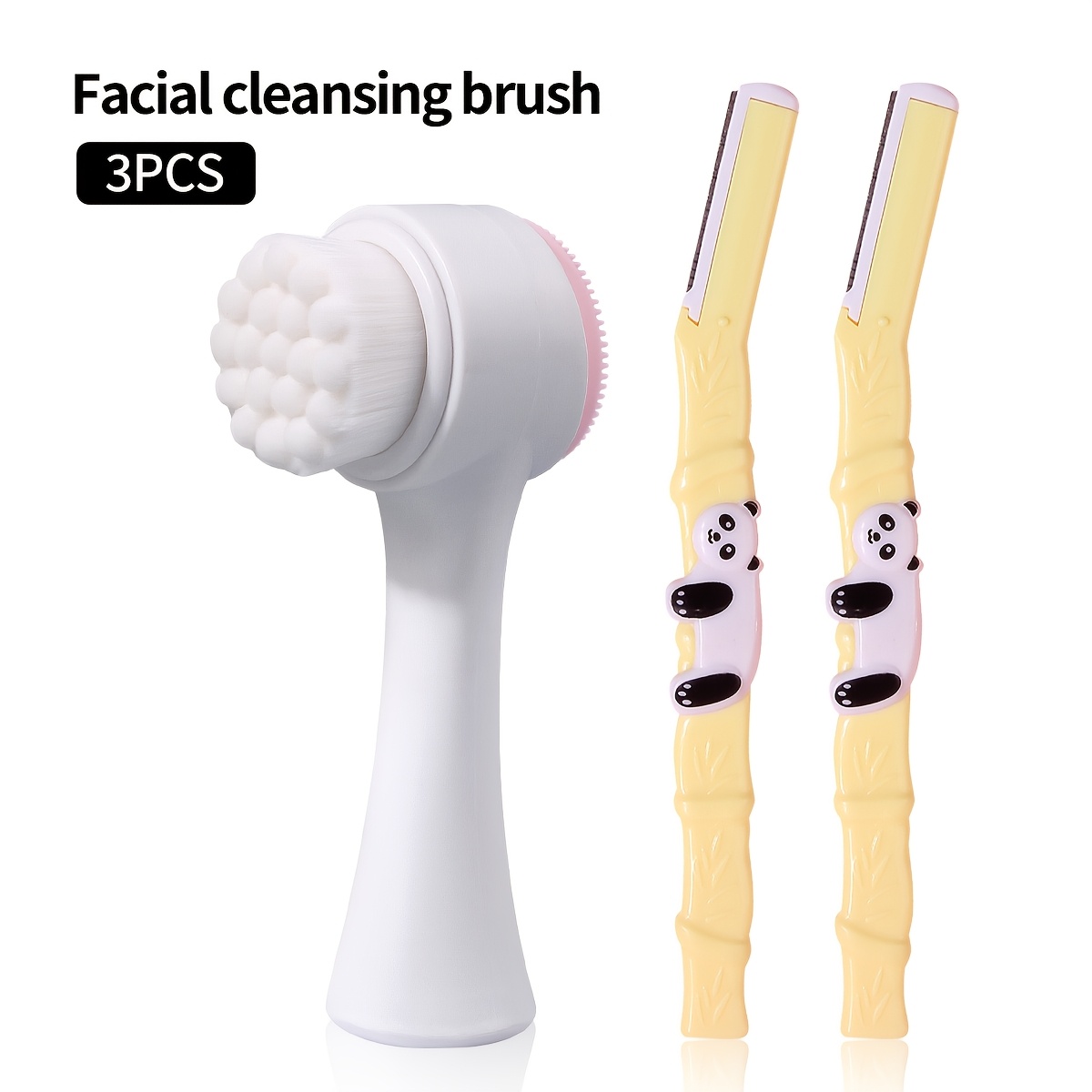 TEMU 3pcs Multifunctional Beauty Set, Soft Facial Cleansing Brush With Cute Panda Eyebrow Trimmers, 2-in-1 Facial Exfoliating Brush & Eyebrow Shaping