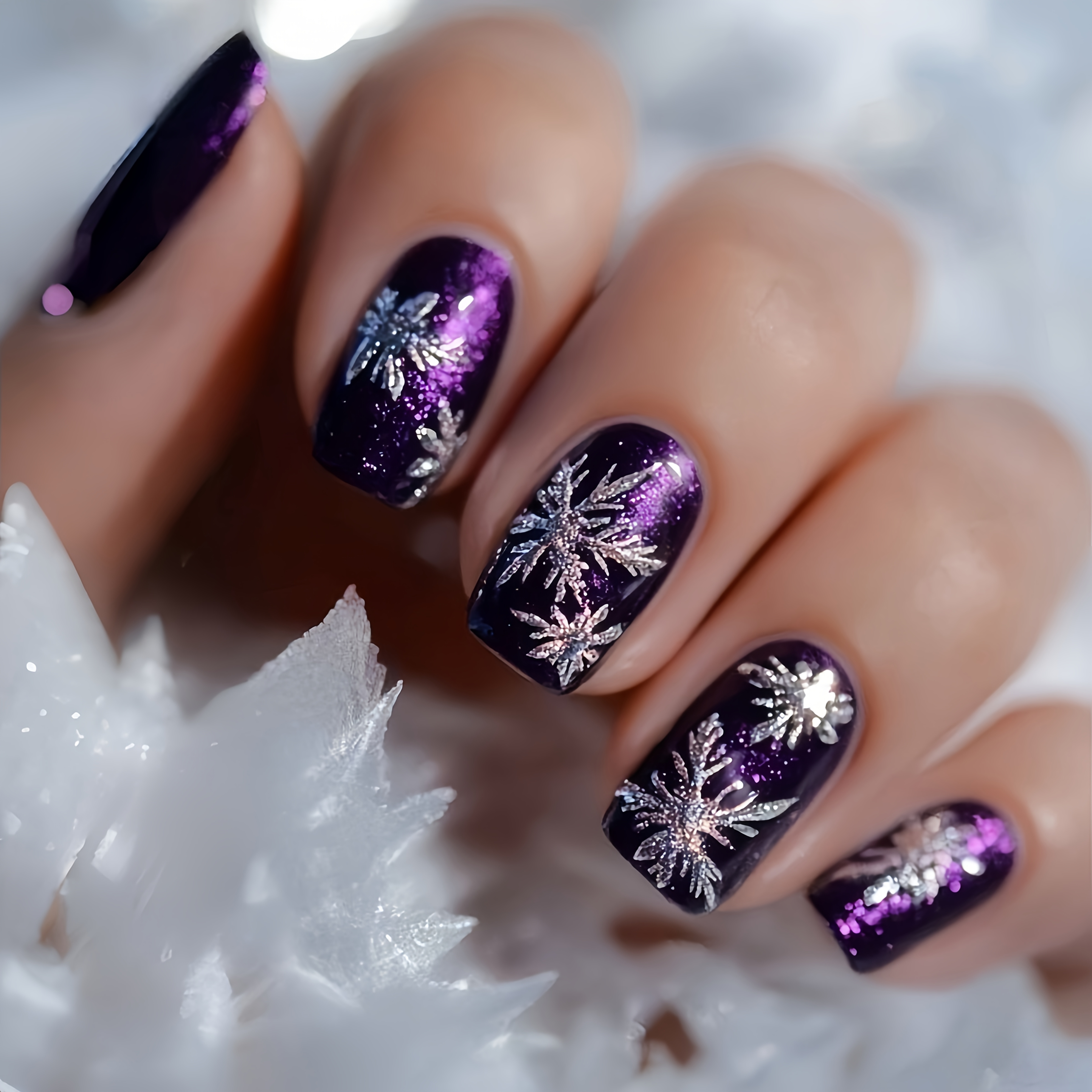 TEMU Christmas Medium-length Square Nails With Purple Snowflake Design, Detachable Fake Nails, 24pcs Set, Women's Nails, Seasonal Nails, Party Nails,