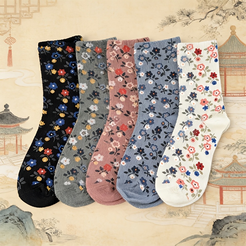 TEMU Spring/summer 2022 Collection, 5-pair Women's Socks, Vintage Small Floral Print, Cute Pastoral Style Socks, Elegant And Fashionable Ankle Socks,