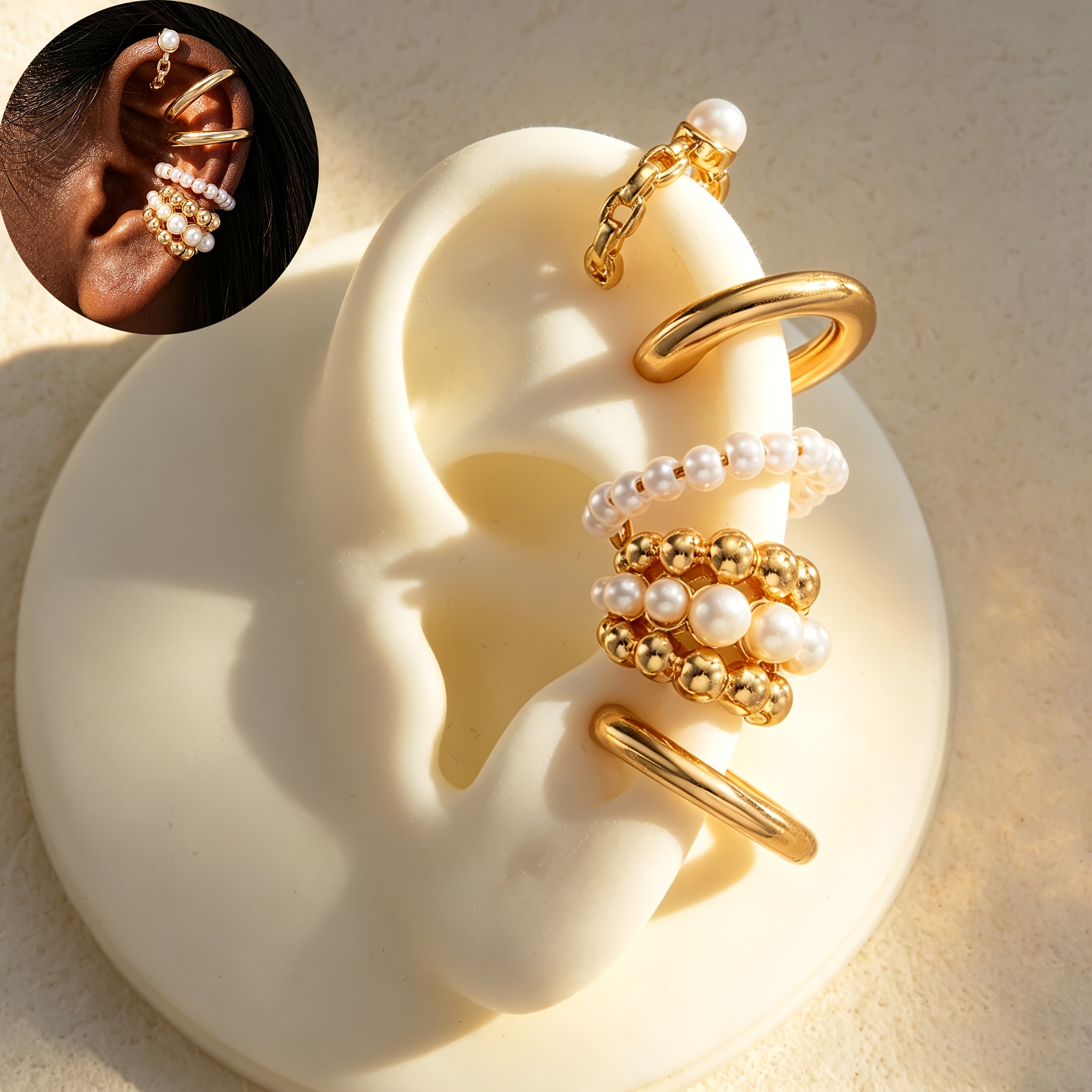 TEMU Juego de 5 piezas de aretes de clip de moda para mujer, elegantes, lujosos y con estilo Old Money, con cuentas redondas de cara ancha, adecuados
