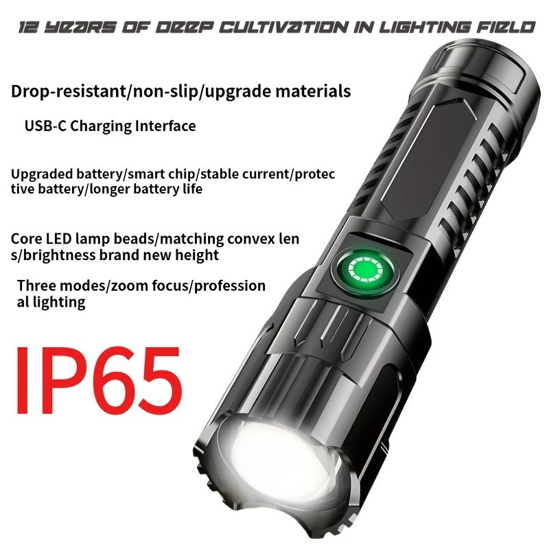 TEMU Led Flashlight With 3 Adjustable Modes, Usb Rechargeable With Battery Indicator, Featuring Zoom Function. Portable Camping Flashlight Suitable
