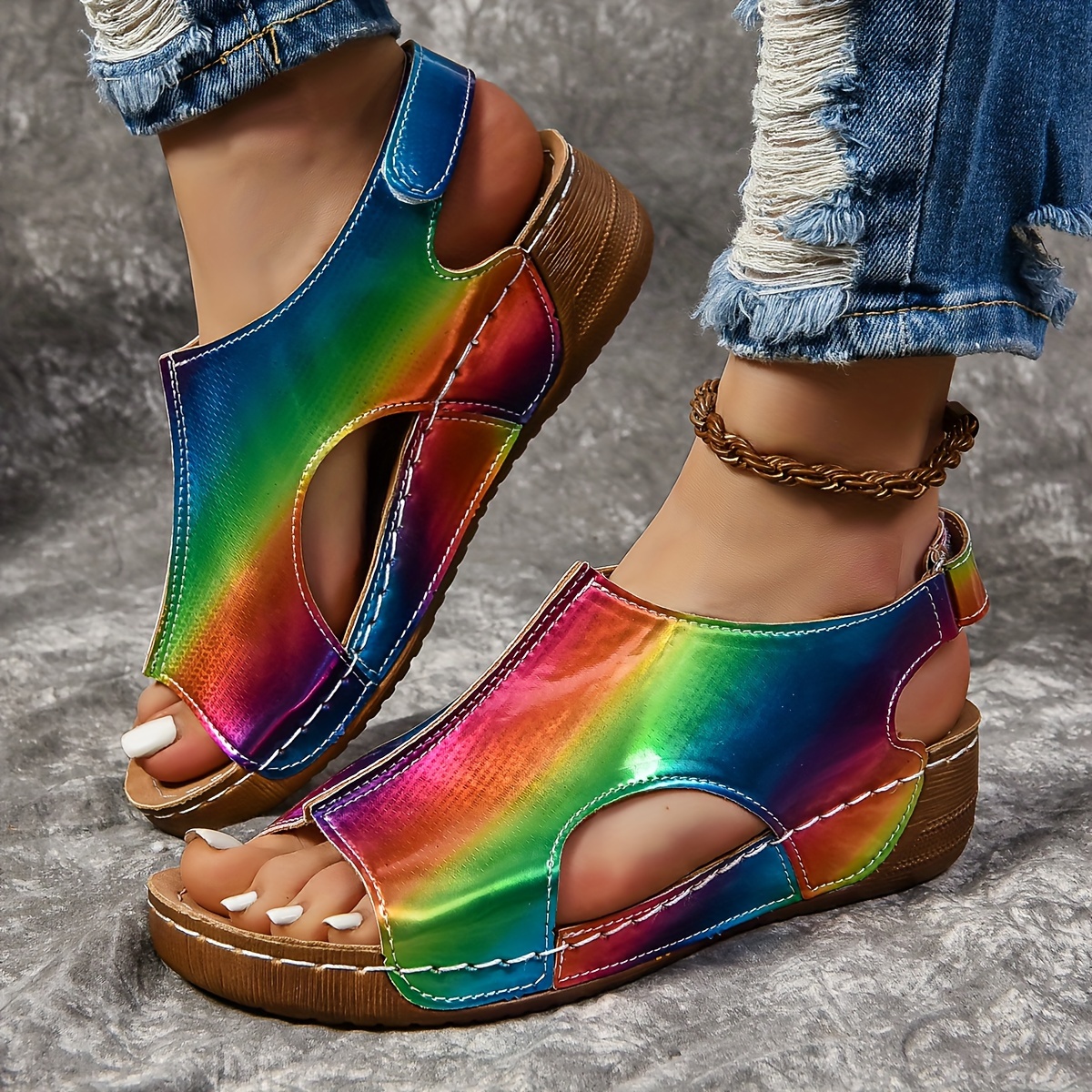

Women's Rainbow Stylish Sandals, Platform Soft Sole Side Cut Out Shoes, Comfort Wedge Beach Shoes