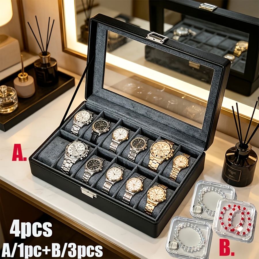 TEMU 4pcs Including (large Watch Box/1pc And Transparent Small Square Boxes/3pcs), Large Capacity 12-compartment Watch Display Box, Transparent Lid