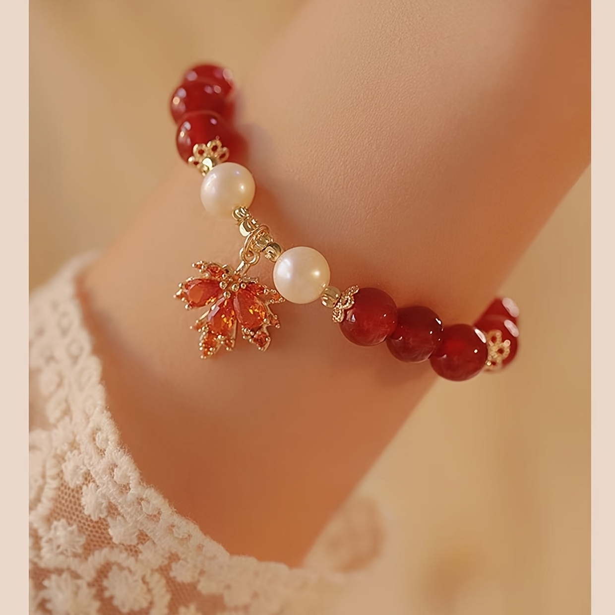 TEMU 1pc New Maple Leaf Bracelet For Women, Glass Beaded Bracelet, High-value Niche Design, Instagram Style, Gift For Girlfriend
