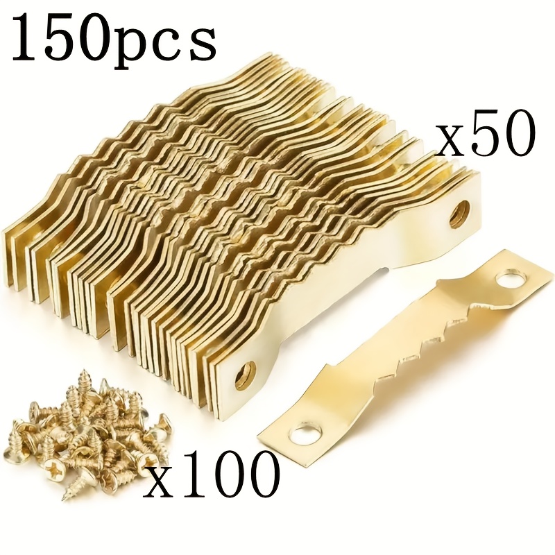 Image of 150pcs Set: 50 Serrated Picture Hangers, Golden Serrated Hangers/hooks, 100 Screws, For Frames, Paintings, Photos, Artwork, Clocks, Home Decor