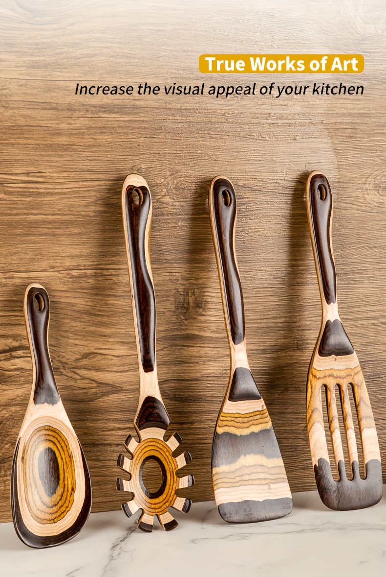 Pakkawood Spurtle Set, Kitchen Utensils Set For Cooking, WOSPONFAN 7pcs Pakkawood Wooden Cooking Spoons & Spatulas With Spoon Rest, Safe For Non-Stick Cookware, Outdoors & Kitchen Gift (Brown Spoon-7pcs)