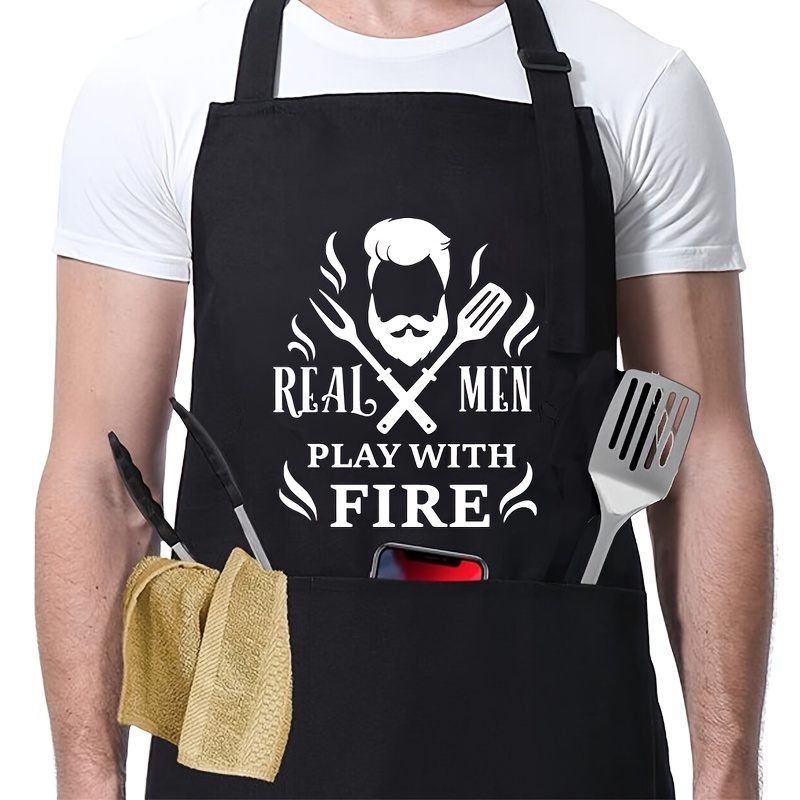 

1pc, Men's Grilling Apron, "real Men Play With Fire" Print, Adjustable Kitchen Apron With Pockets, Waterproof Fabric, Bbq Apron For Cooking, Baking, Outdoor Barbecue