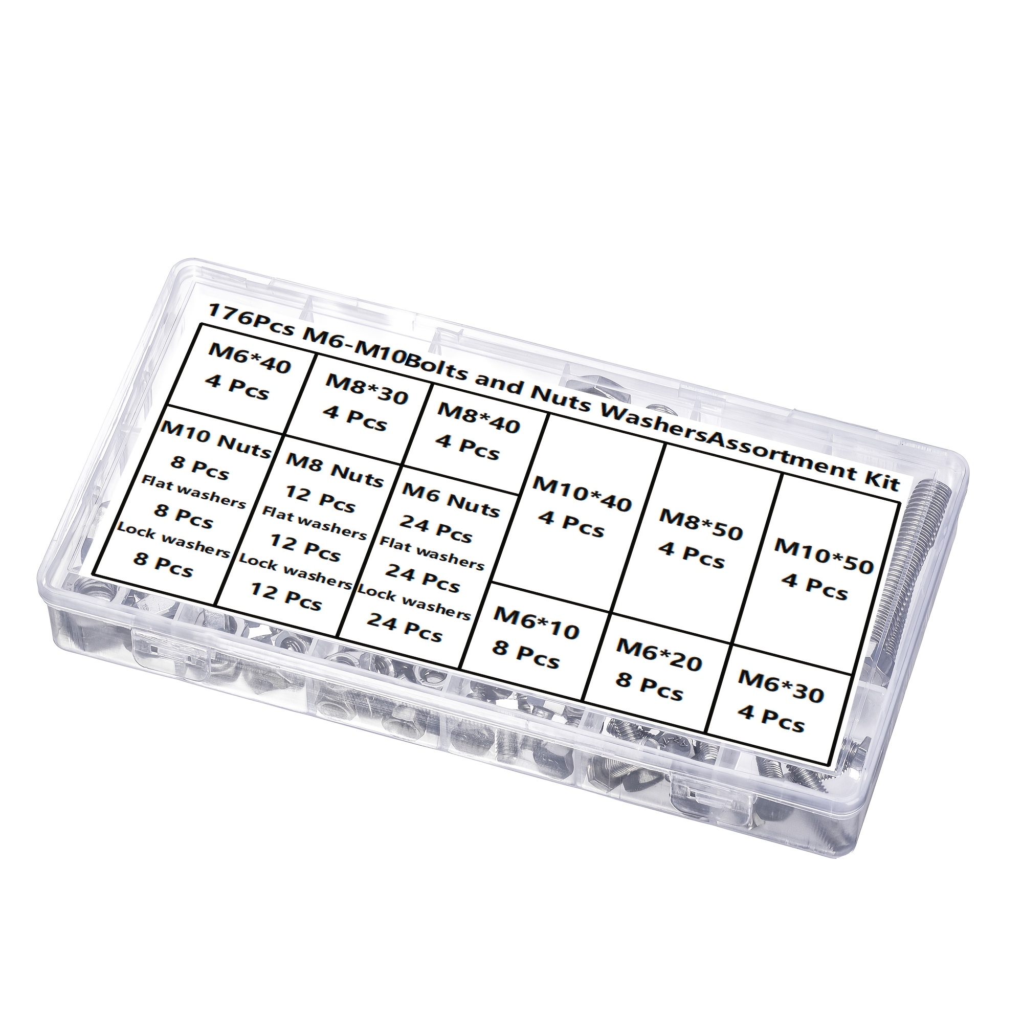 Image of 176pcs Stainless Steel M6, M8, M10 Bolts And Nuts Set With Washers - Heavy Duty Industrial Fasteners